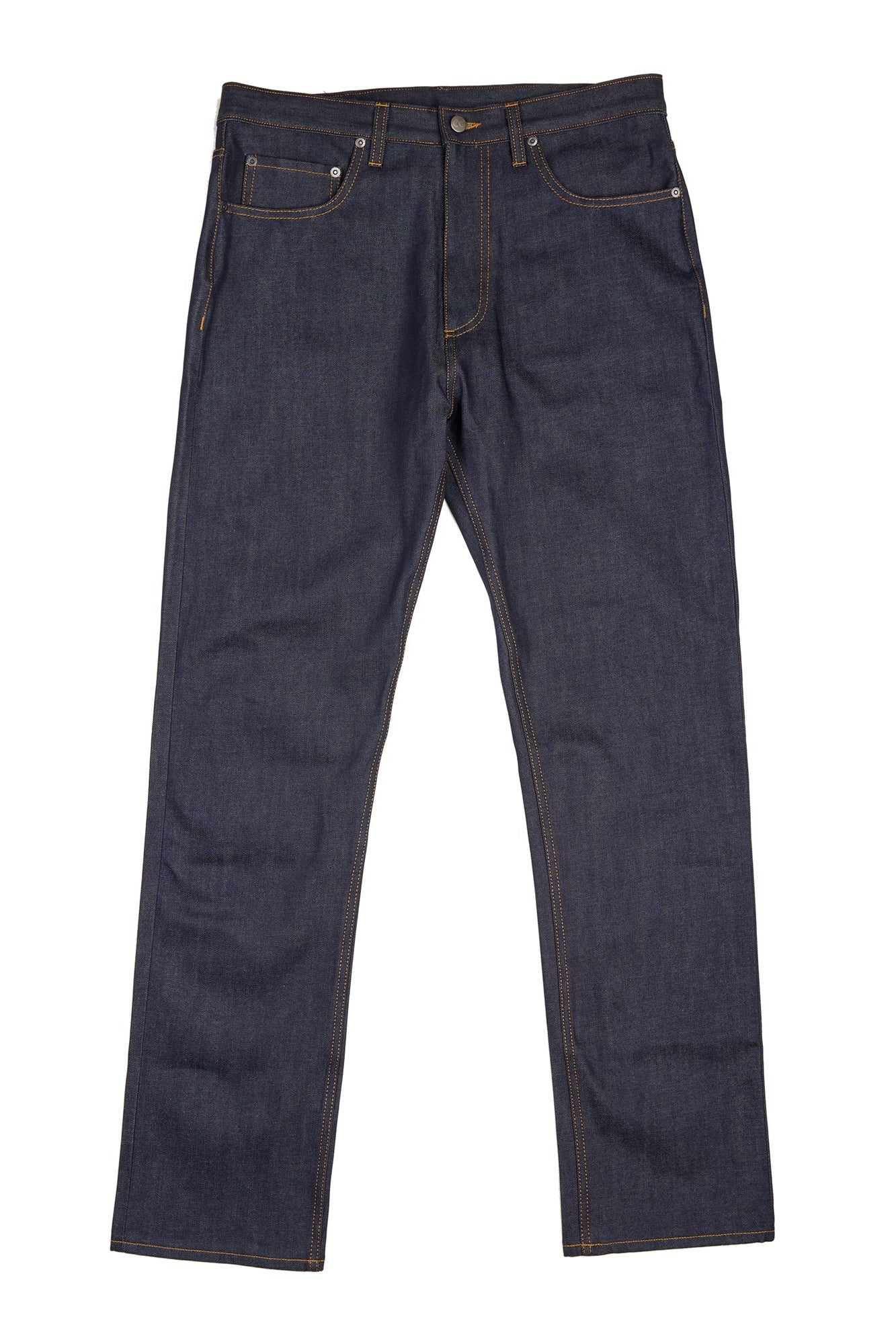Flatlay product shot of men's Straight Cut Selvedge Jean - Raw Denim - Community Clothing