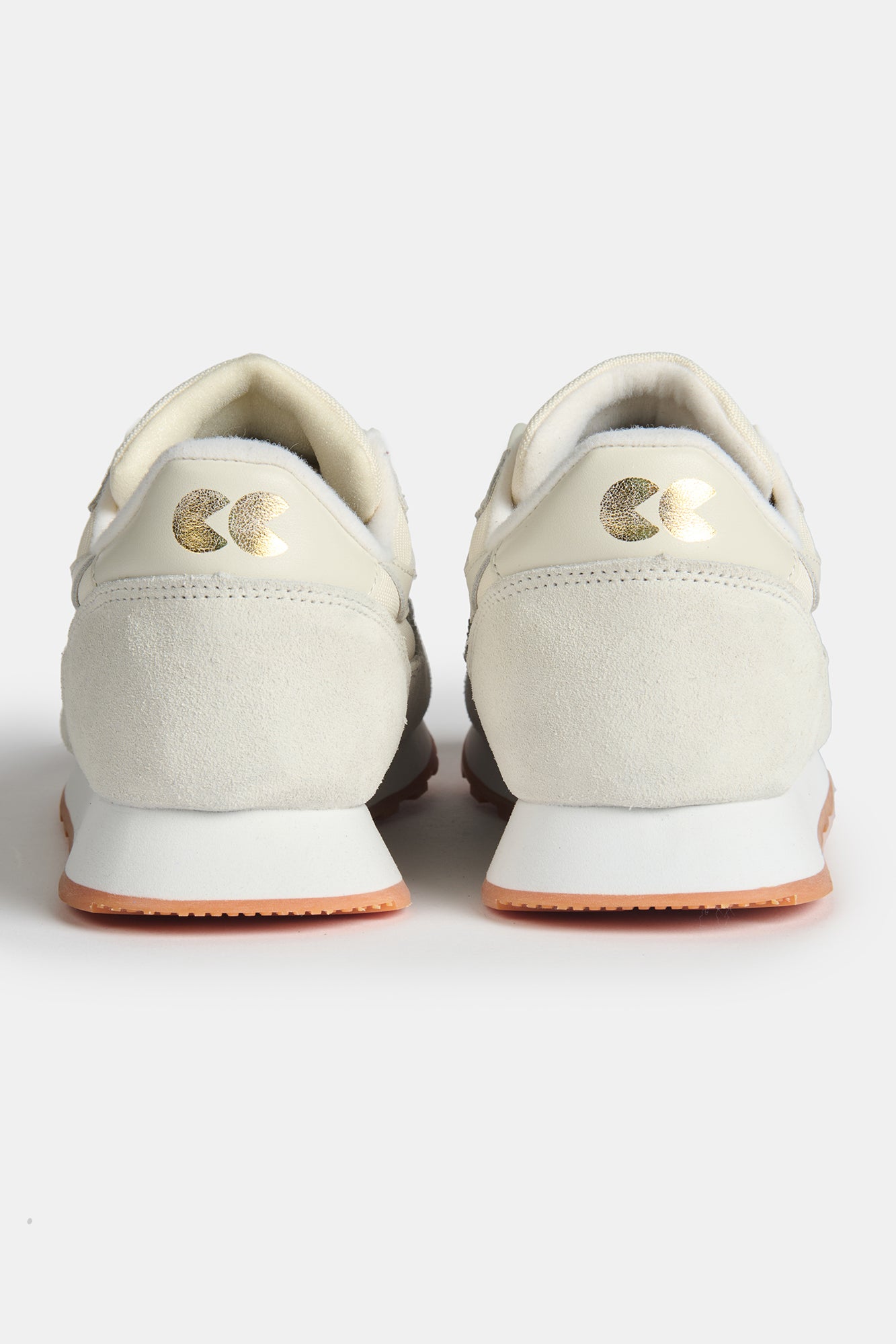 The heel of Walsh X CC Parlick trainers in Ivory/Stone/White, with Gold foil CC logo