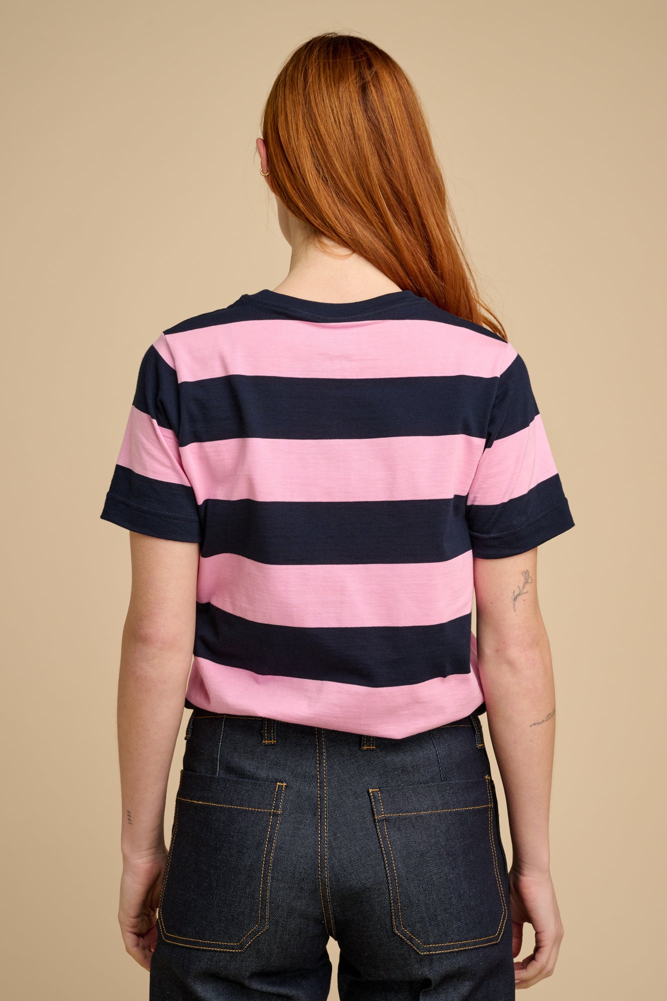 Wide Stripe Short Sleeve T Shirt- Navy/ Pink