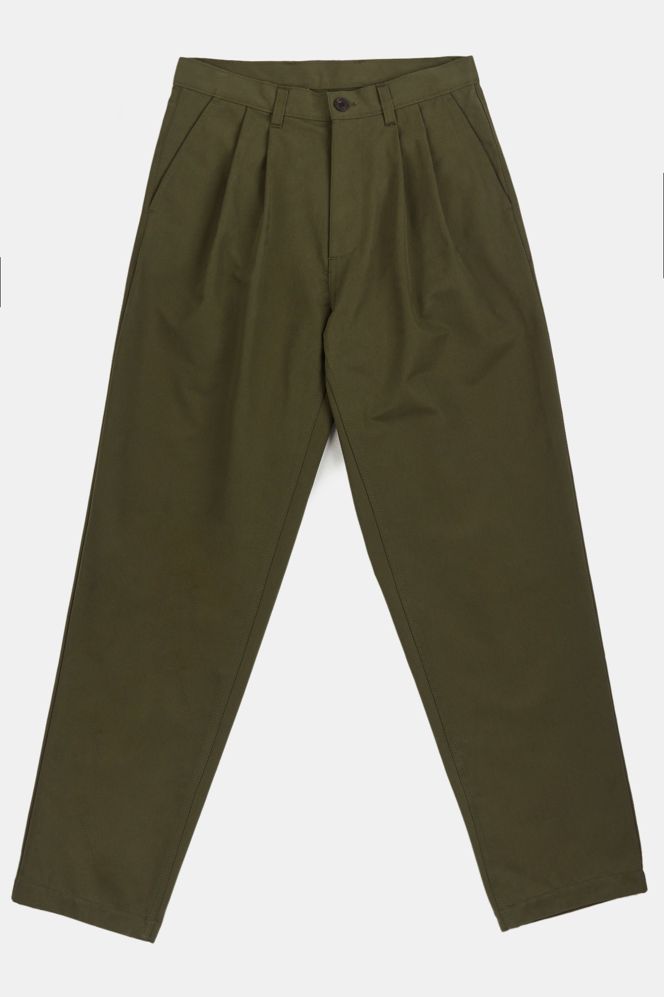 Flatlay product shot of men's heavyweight pleated chino in olive