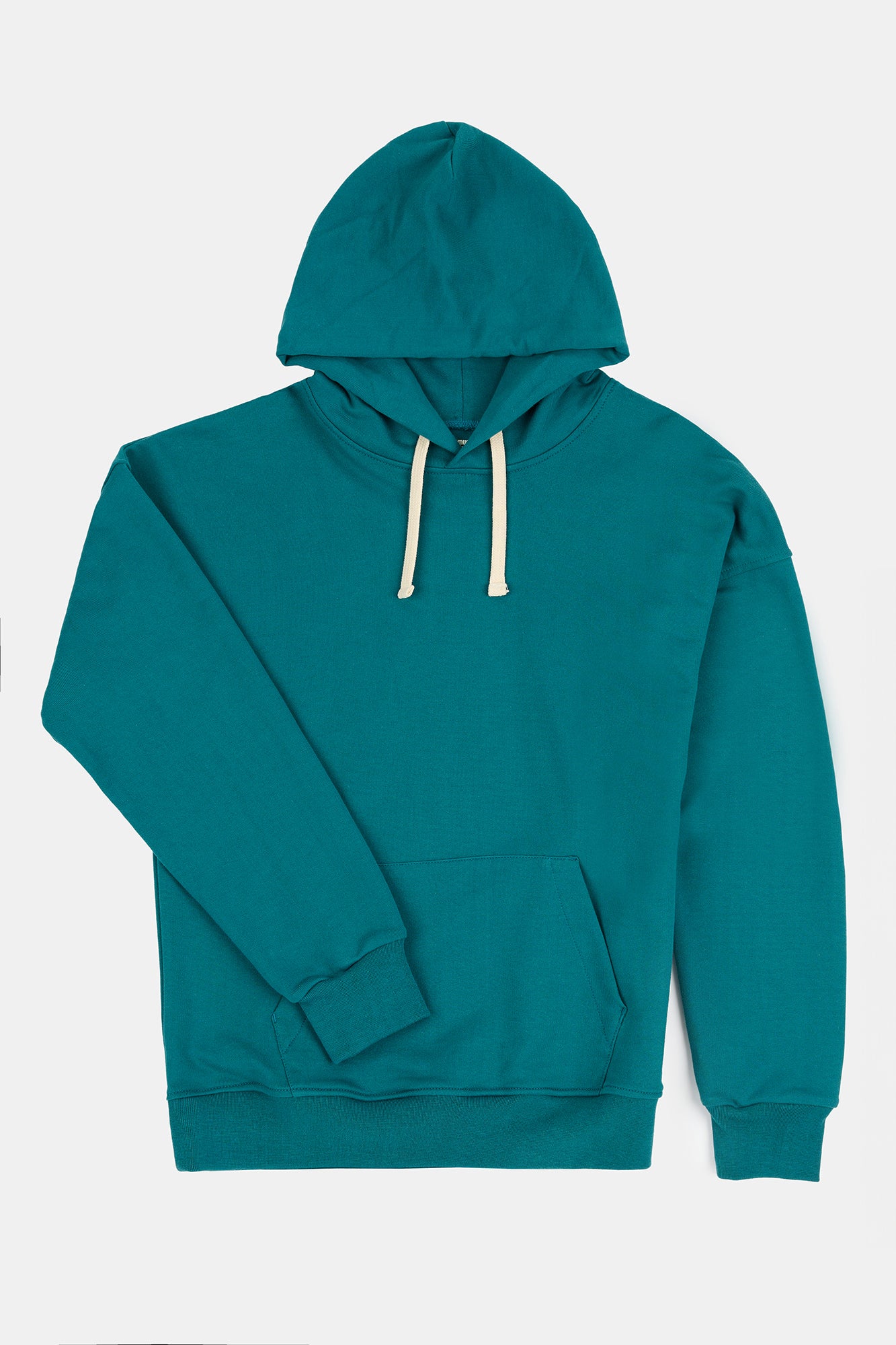 Flatlay product image of men's hooded sweatshirt in teal