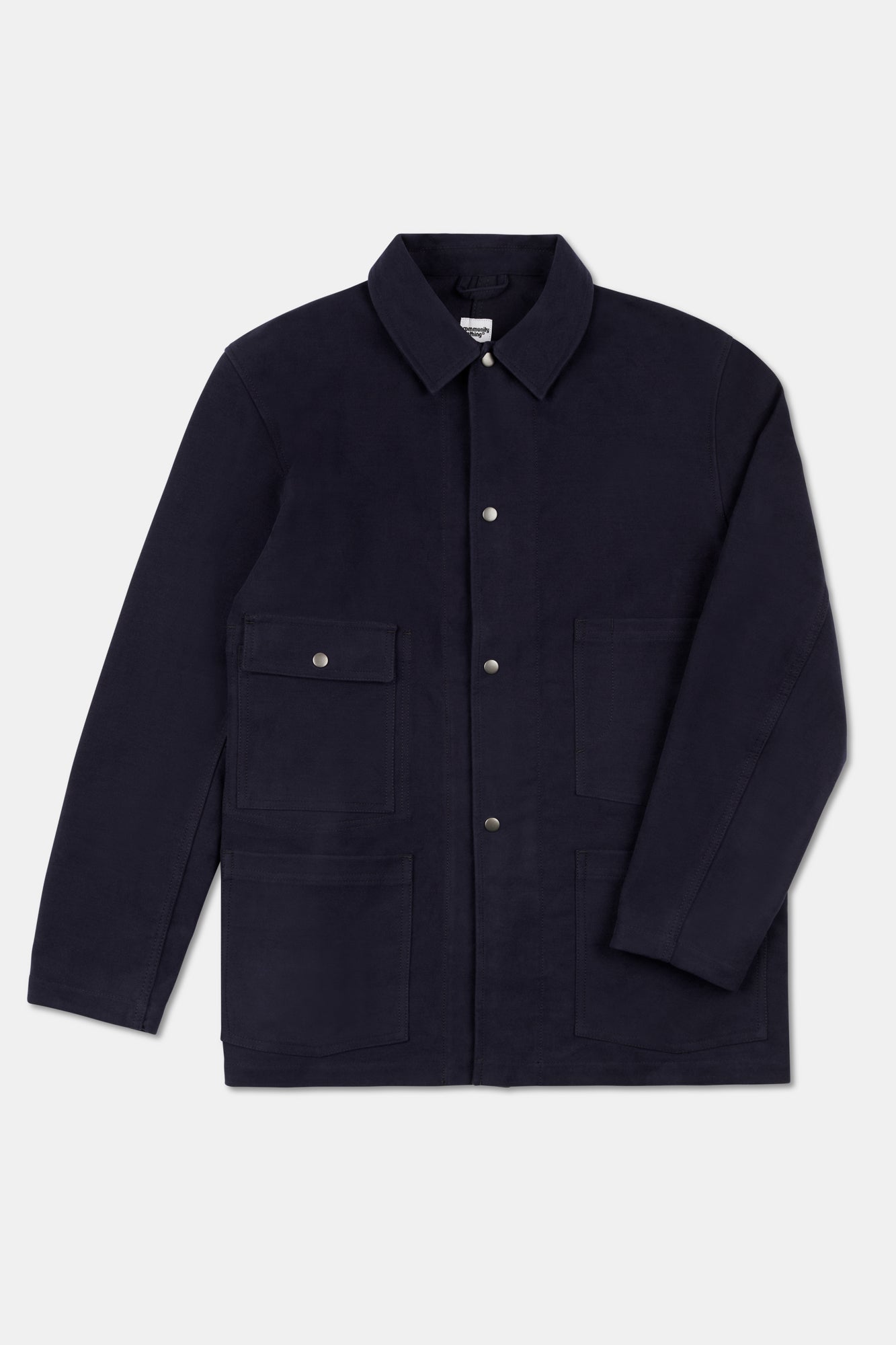 Flatlay of mens carter moleskin chore jacket in navy.