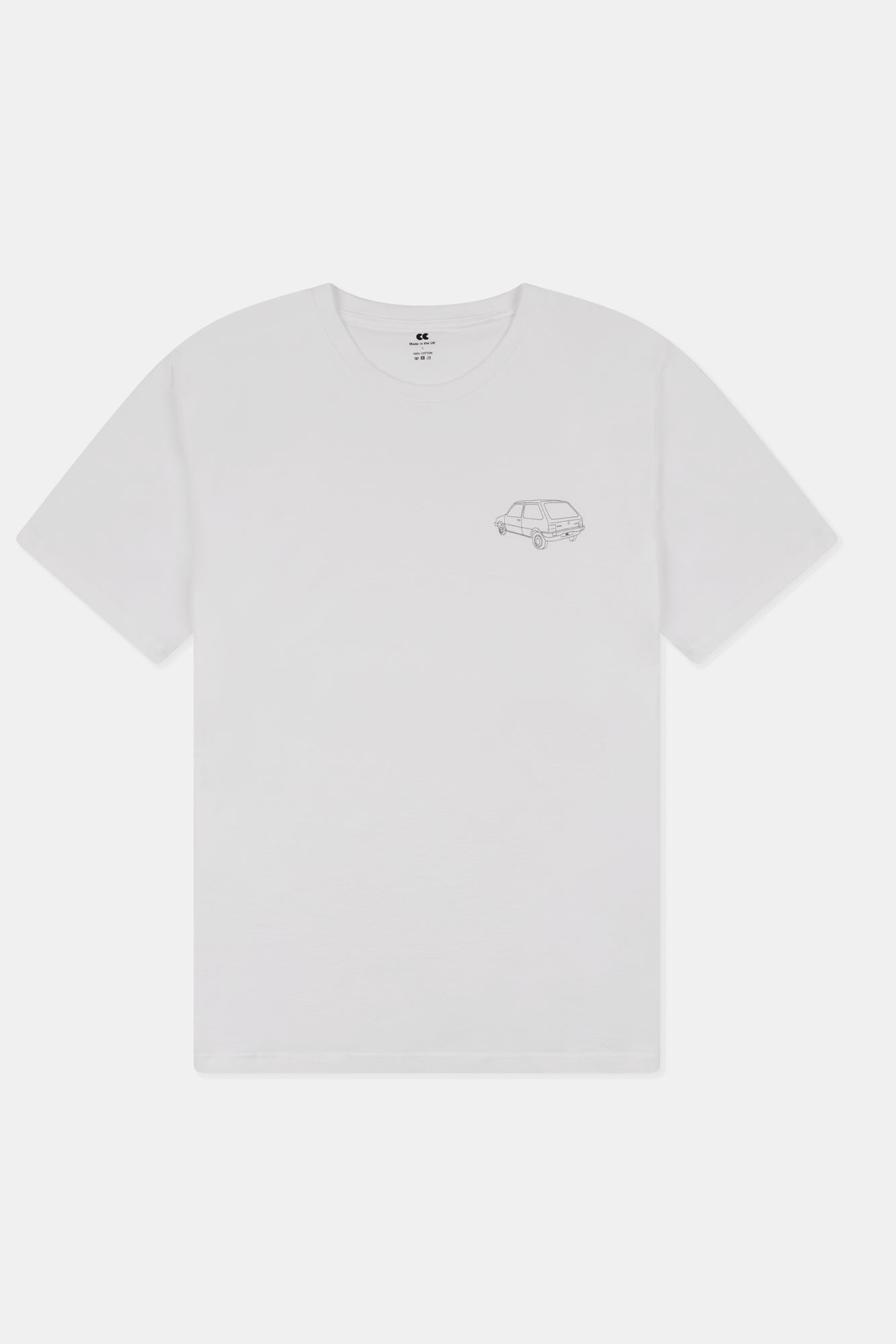 White t-shirt with a small logo on a white background