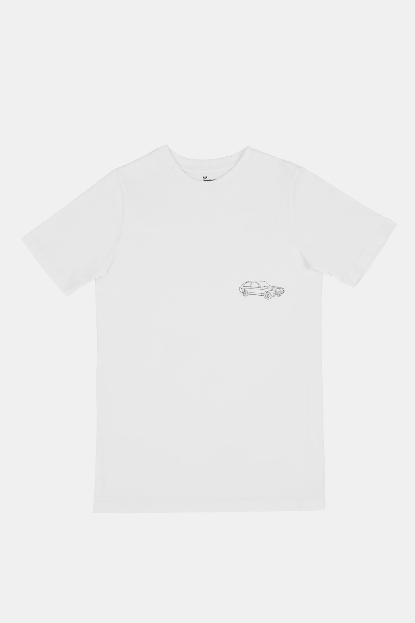 White t-shirt with a small black graphic print on a white background.