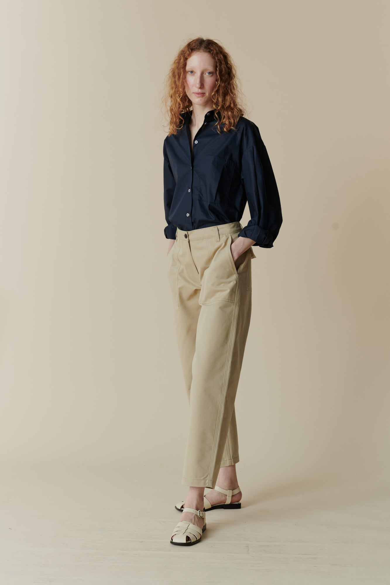 Full body front image of combat trousers in putty
