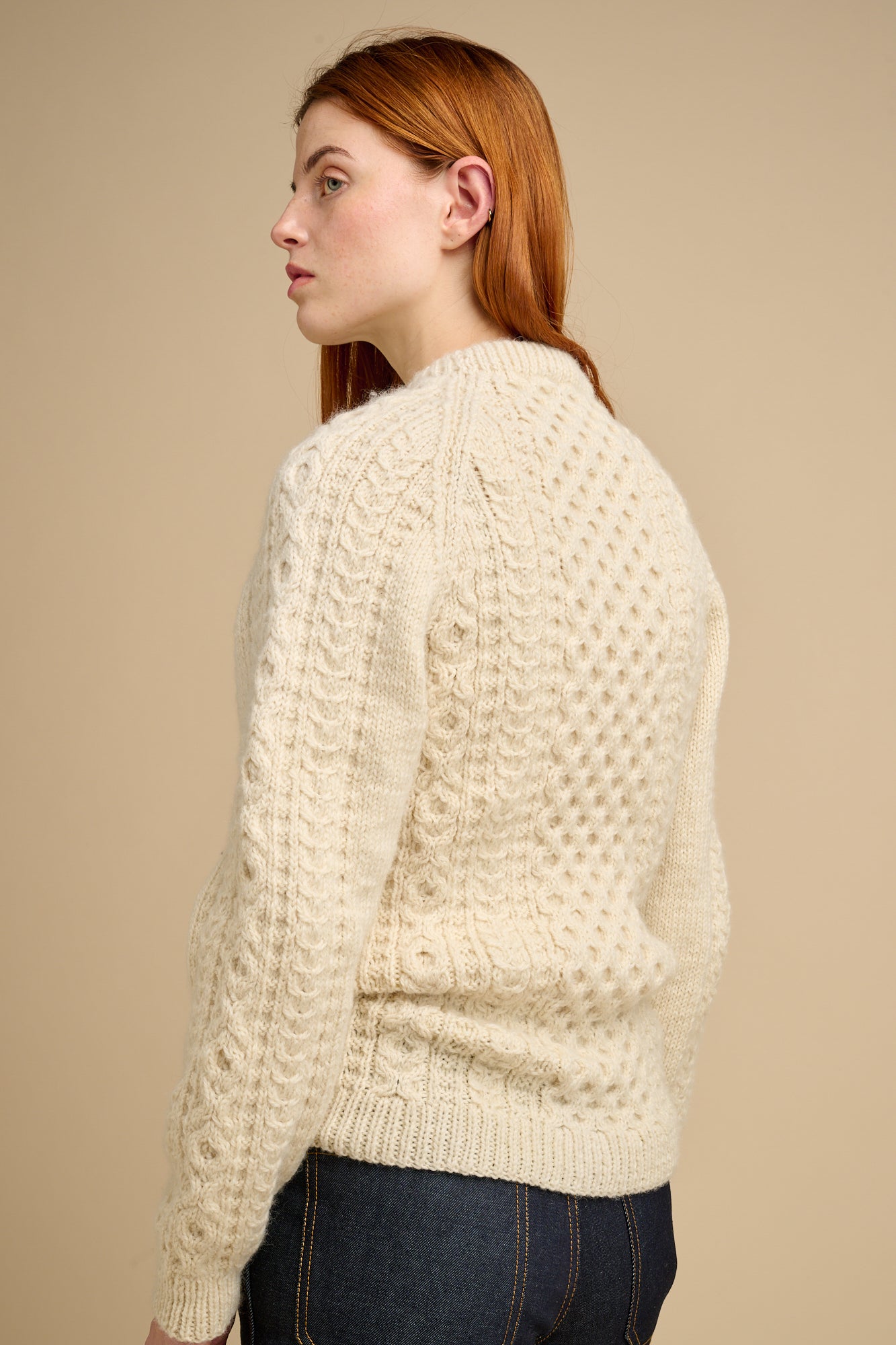 Womens Hand Knit Aran Sweater - Ecru