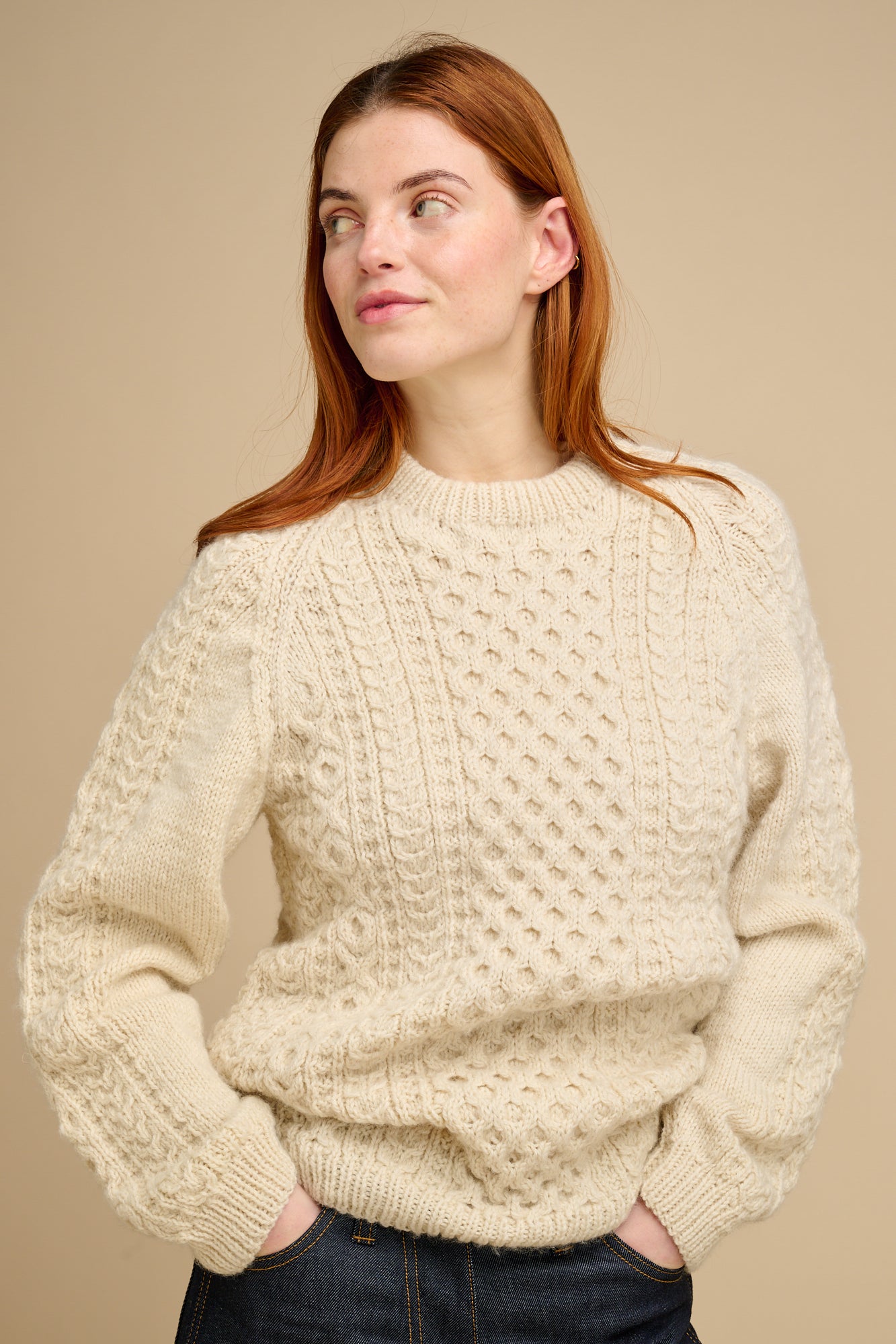 Womens Hand Knit Aran Sweater - Ecru
