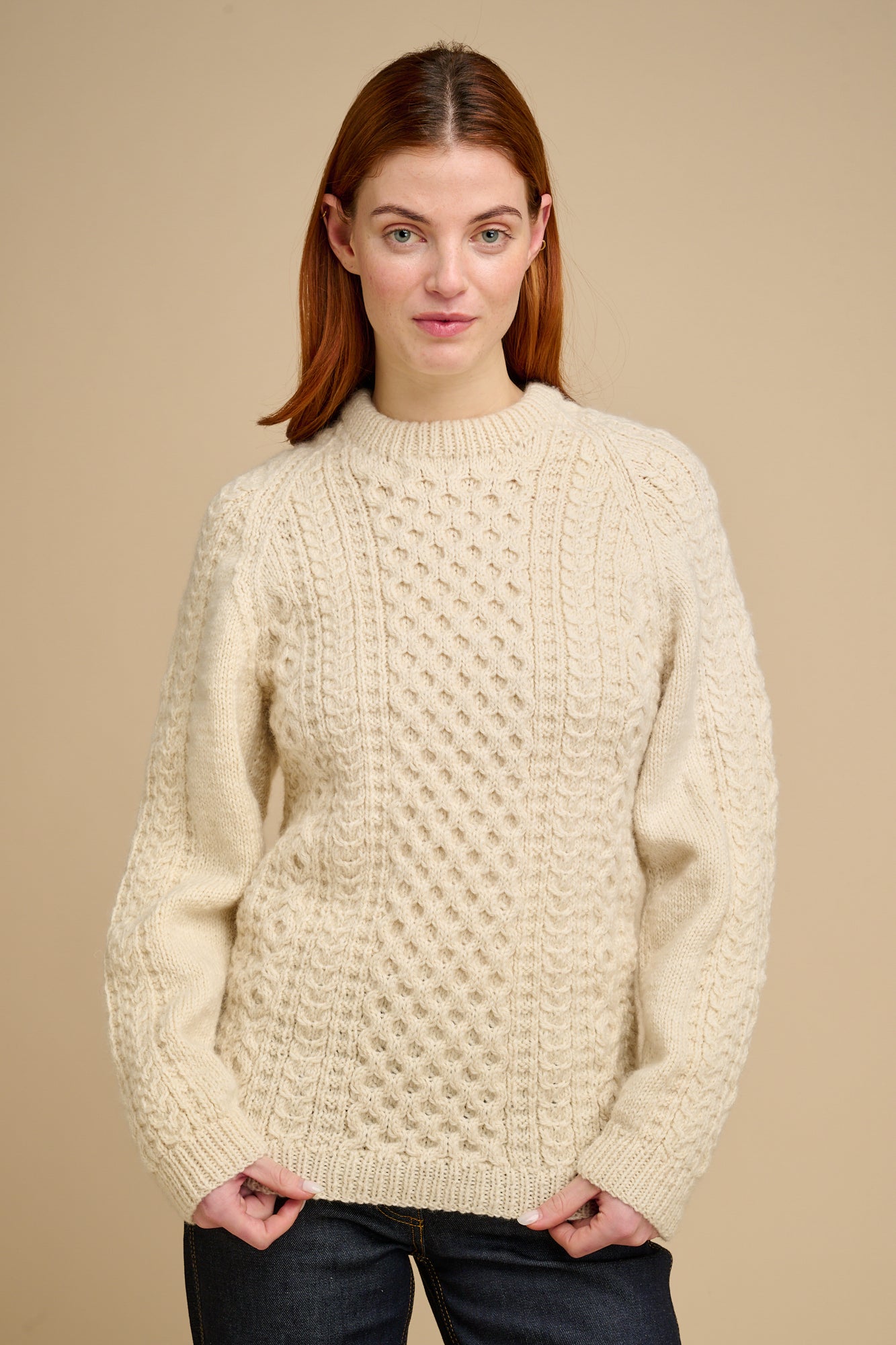 Womens Hand Knit Aran Sweater - Ecru