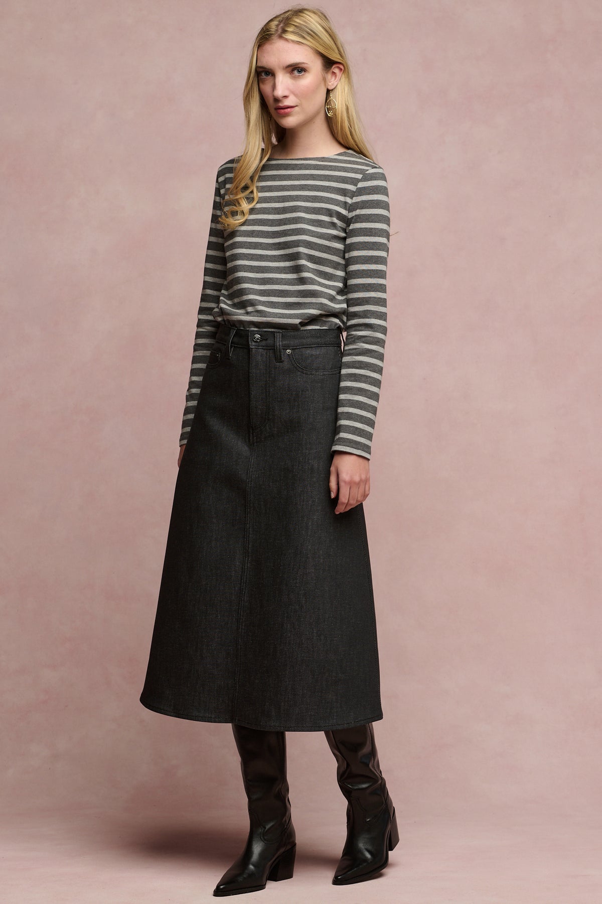 Full body image of female wearing Bobbie a line denim skirt in black paired with Charcoal Breton 