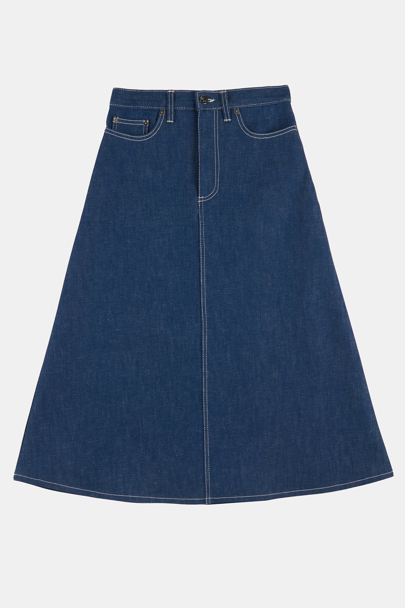 Flatlay product shot of women's Bobbie Denim A Line Skirt with contrast stitching 