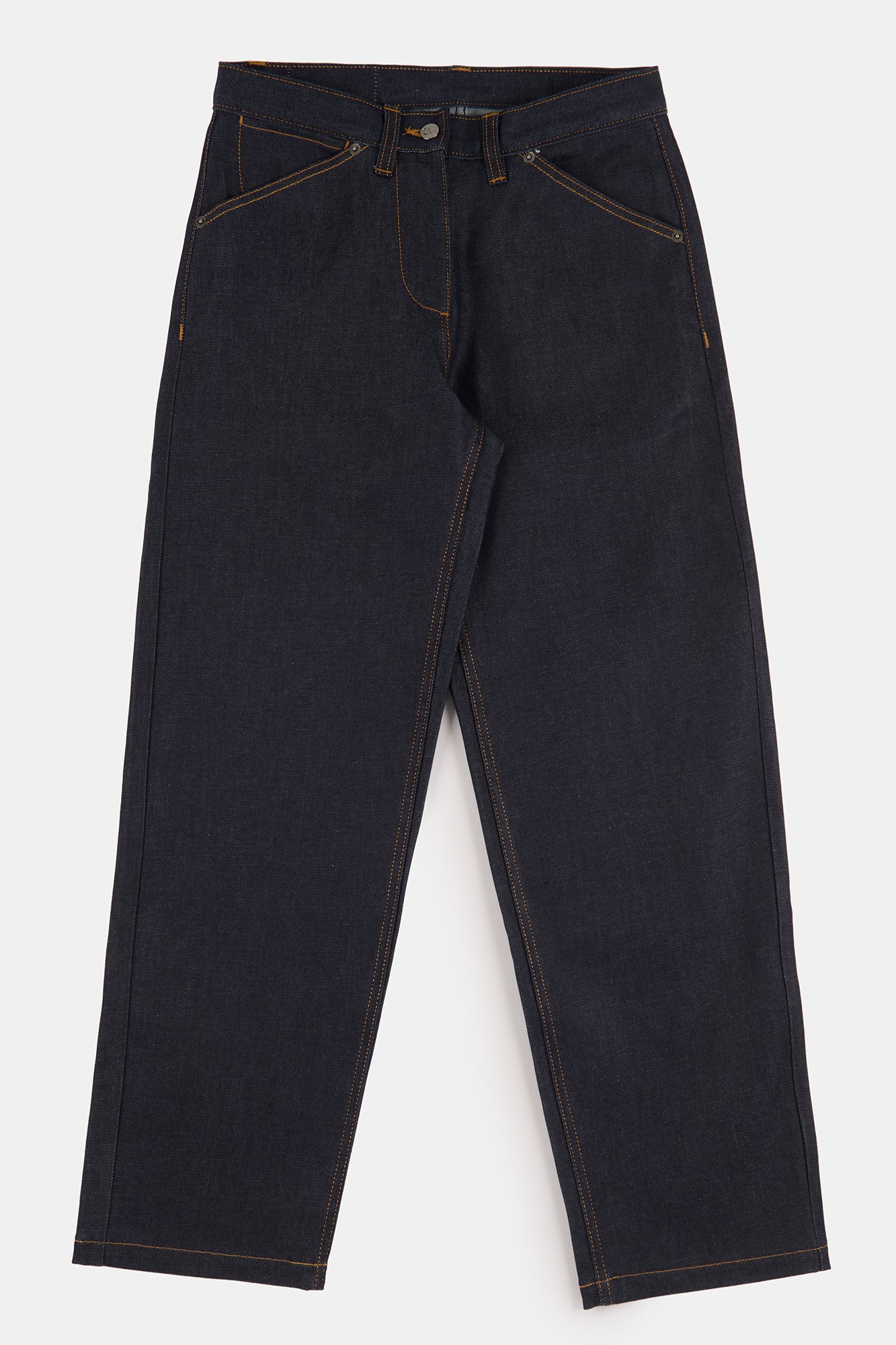 Flatlay product shot of women's chore wide tapered jean in indigo 