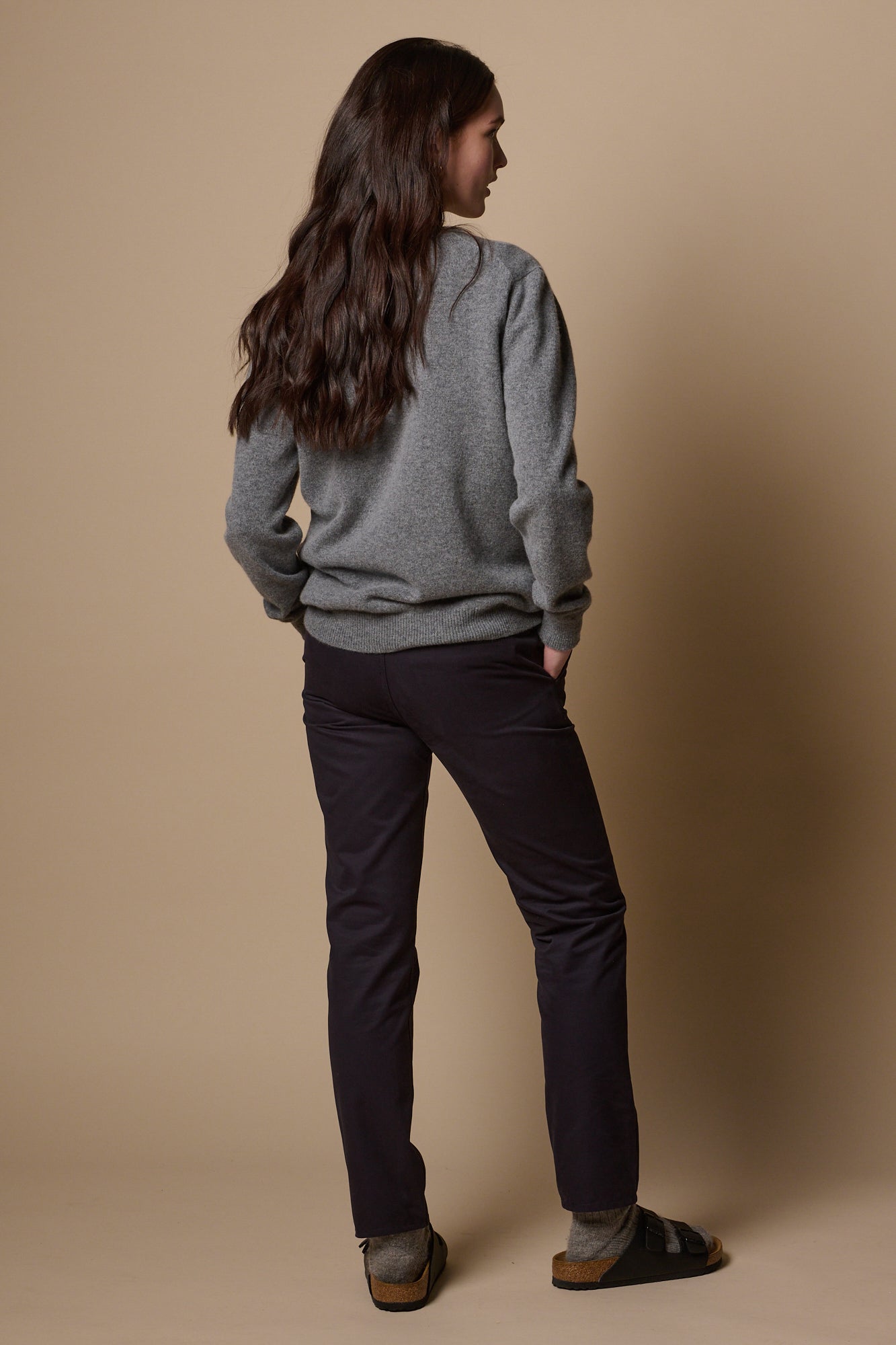 Full body image of the back of heavyweight slim chino in navy