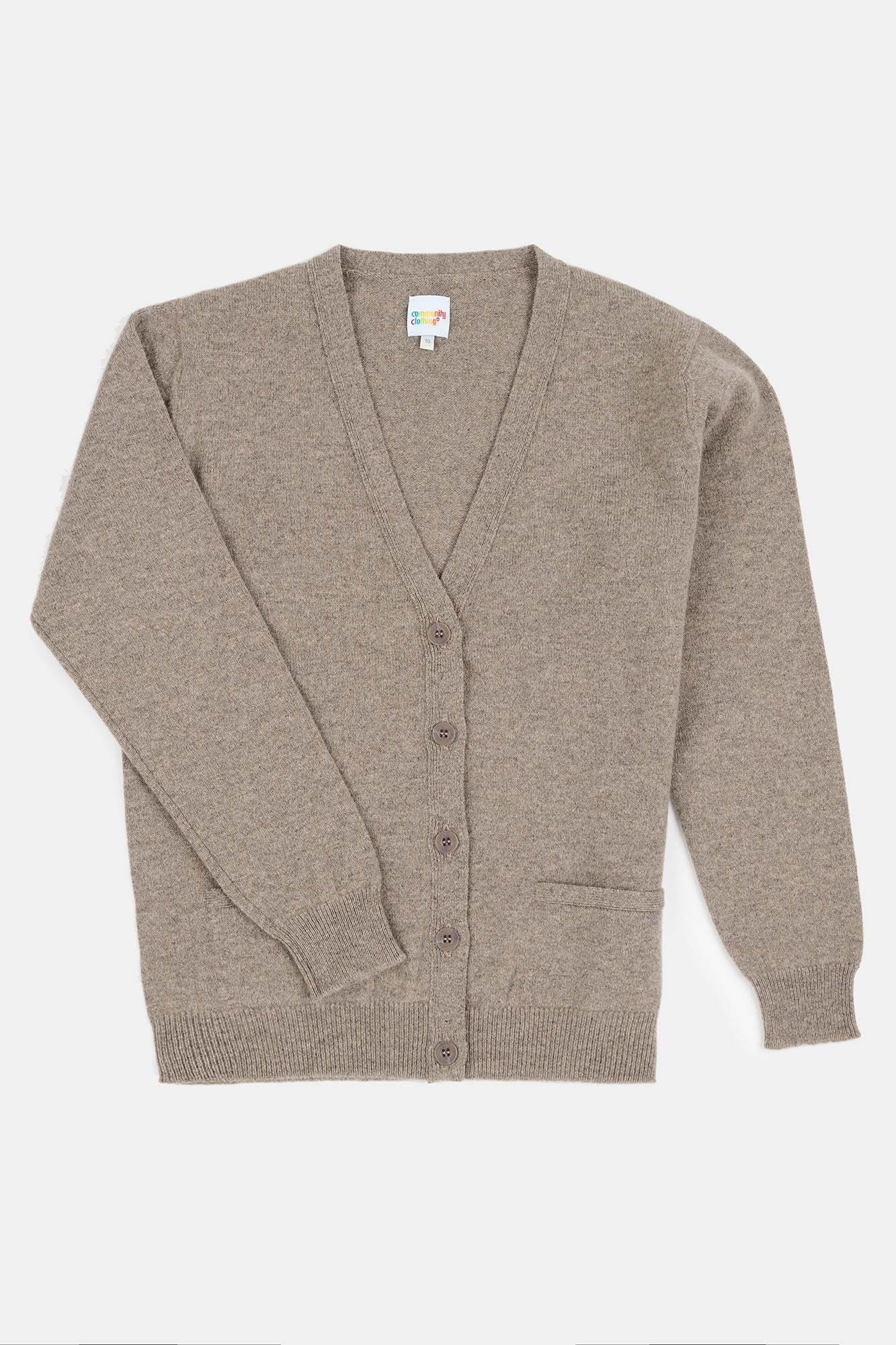 Flatlay product image of women's lambswool v neck cardigan in truffle 