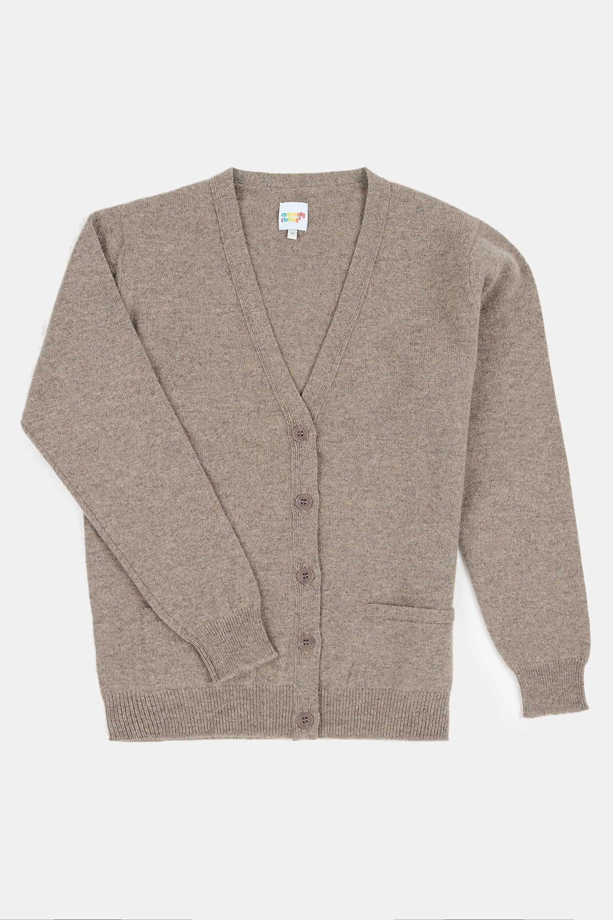 Flatlay product image of women's lambswool v neck cardigan in truffle 