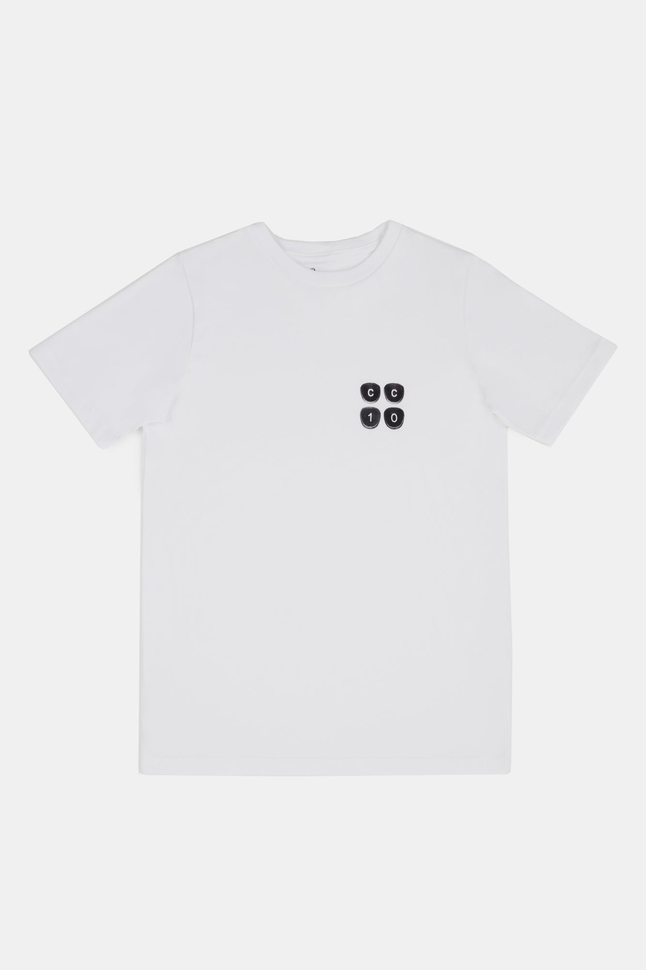 A white short sleeve crew neck t-shirt with small black graphic print.