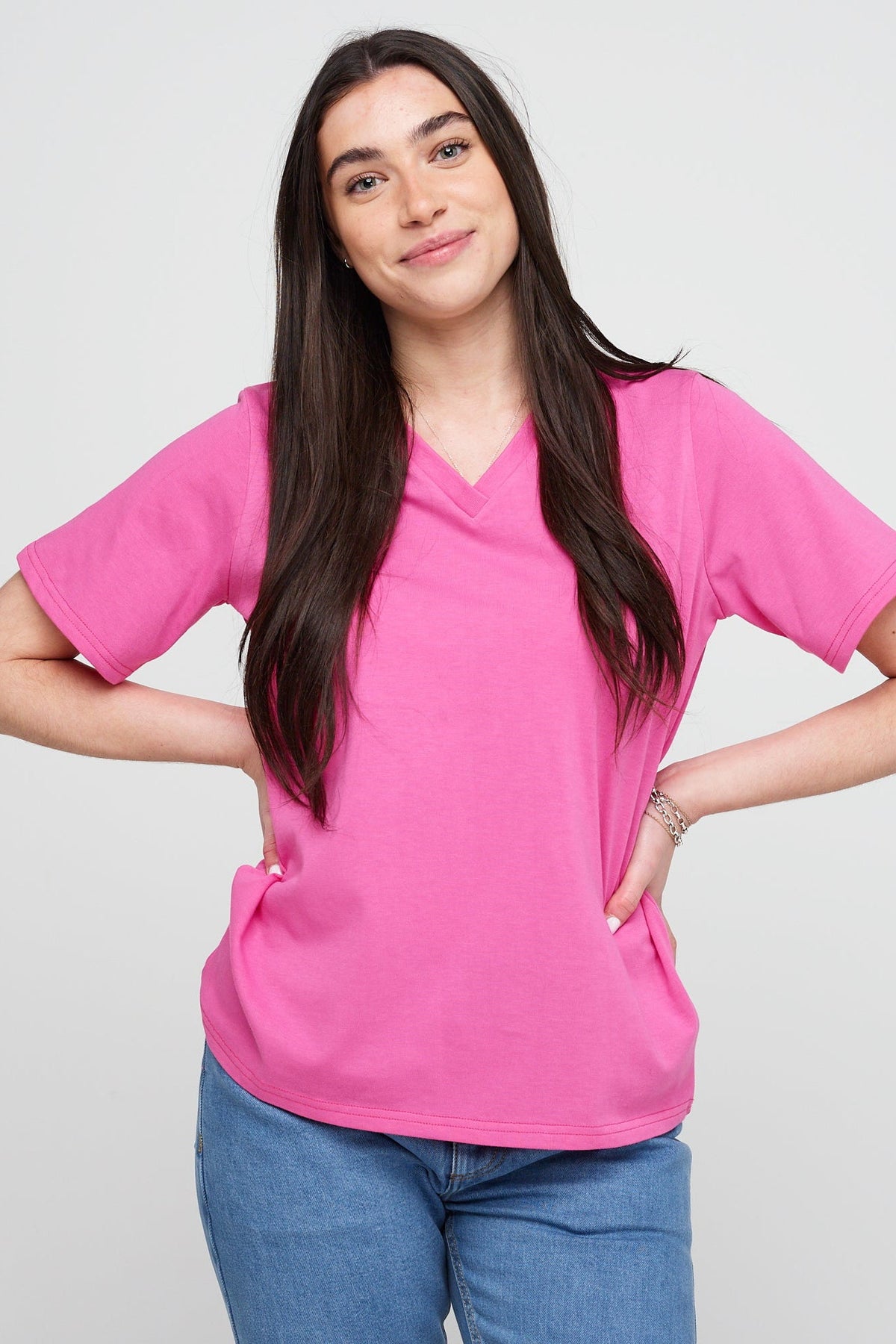 Women's Short Sleeve V-Neck T Shirt - Fuchsia Pink
