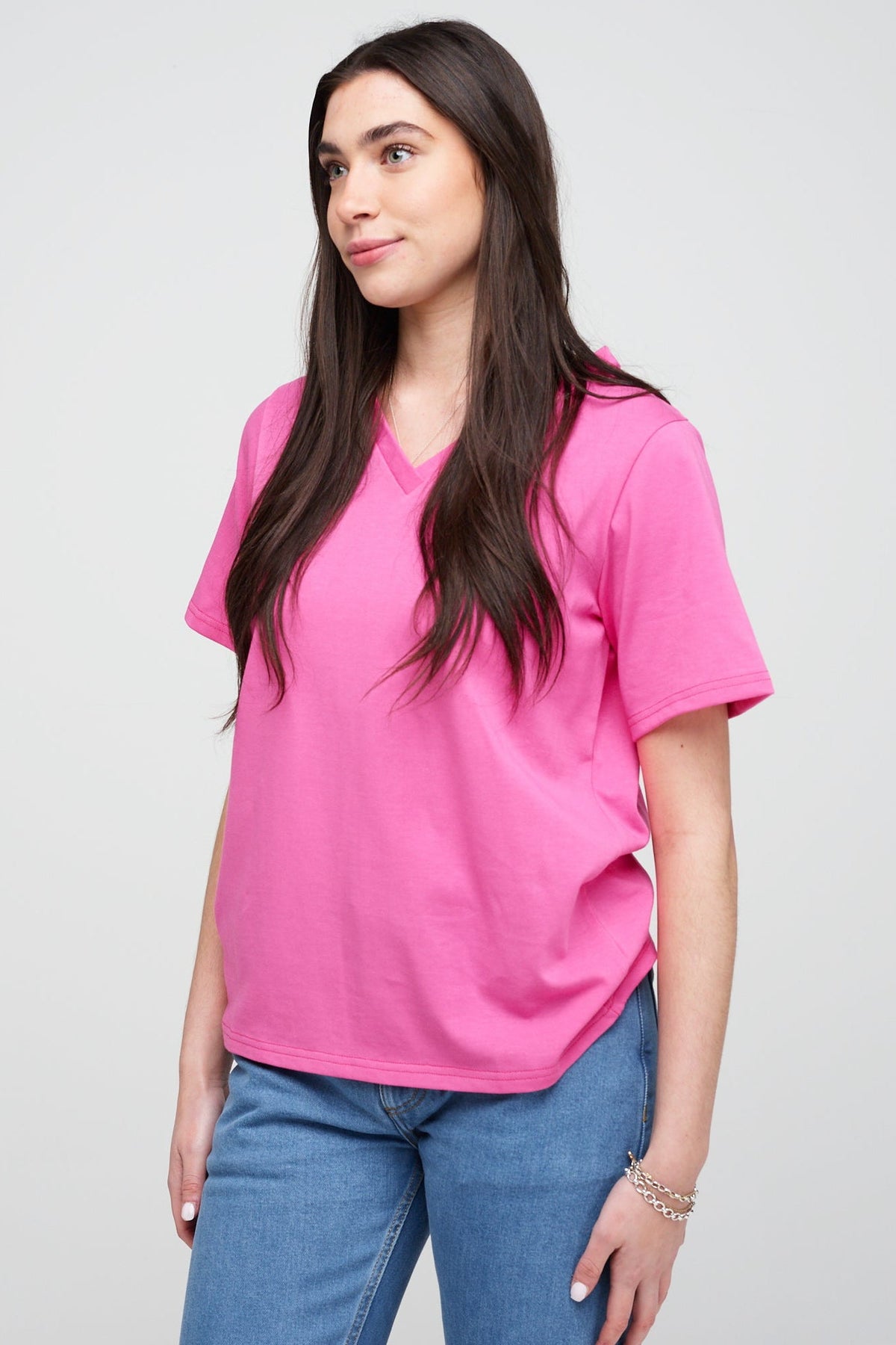 Women's Short Sleeve V-Neck T Shirt - Fuchsia Pink