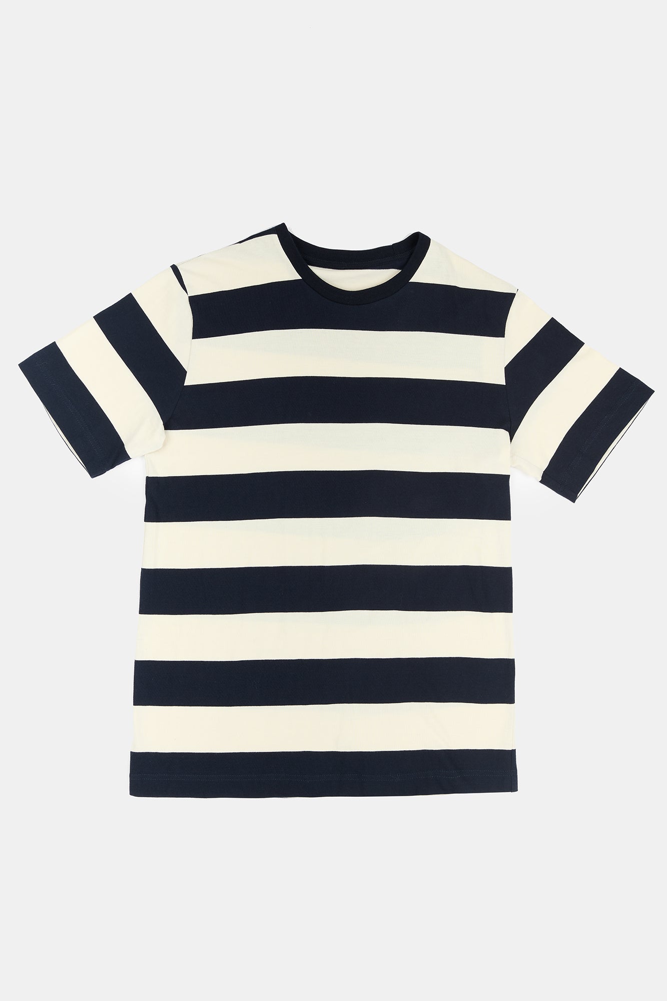 Flatlay product image of women's wide stripe short sleeve t shirt in ecru and navy 