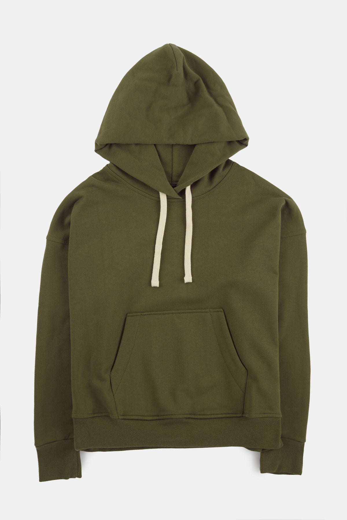 Flatlay product shot of hooded sweatshirt in olive with ecru drawcord through hood