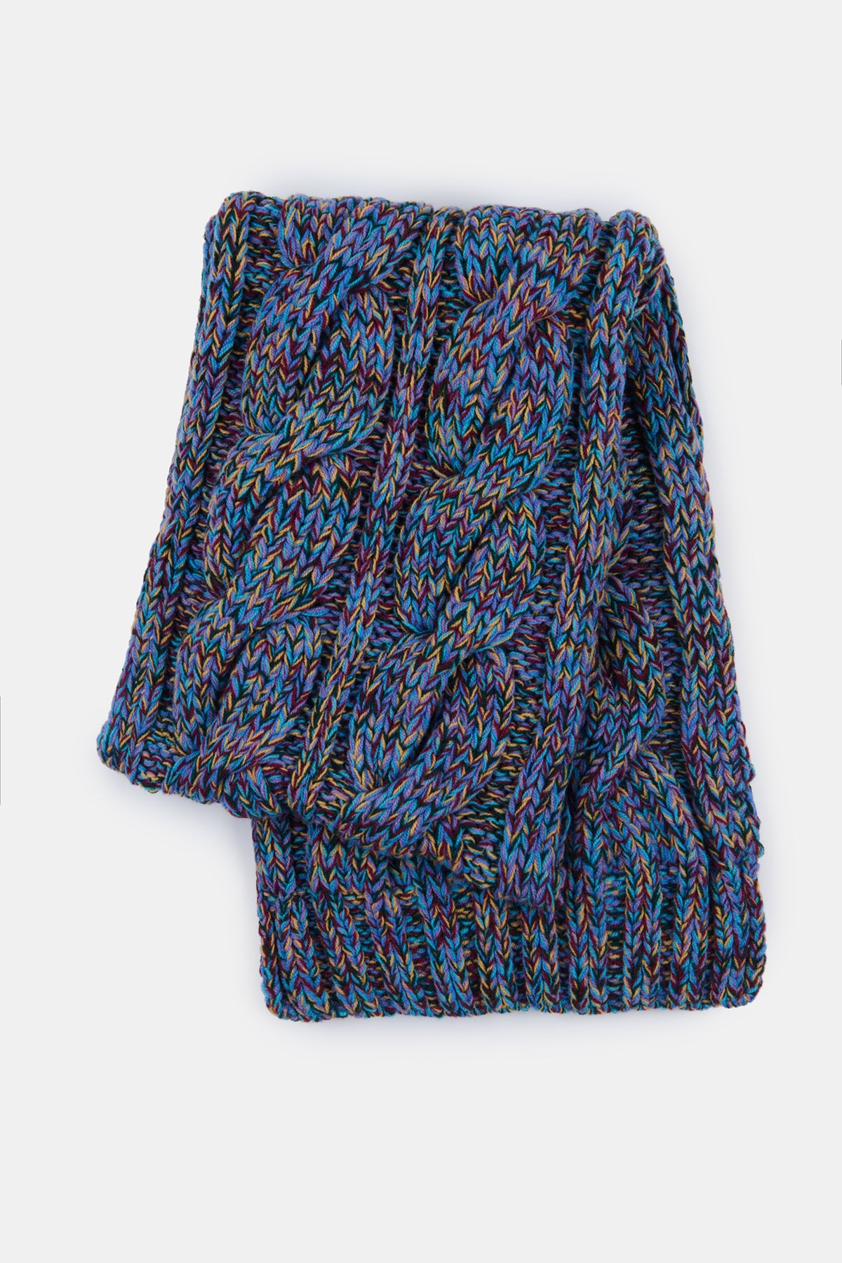 Flatlay shot of unisex cable scarf in RAF marl folded in half twice showing detail of the cable knit and the different colours of blues, yellow and burgundy in the Yarn.