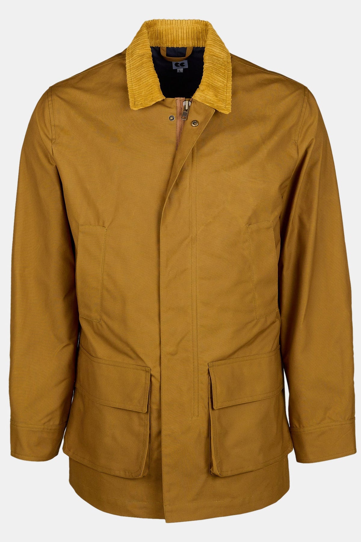Image of men's barn jaqcket in dark tan on ghost mannequin, cord collar with four front pockets