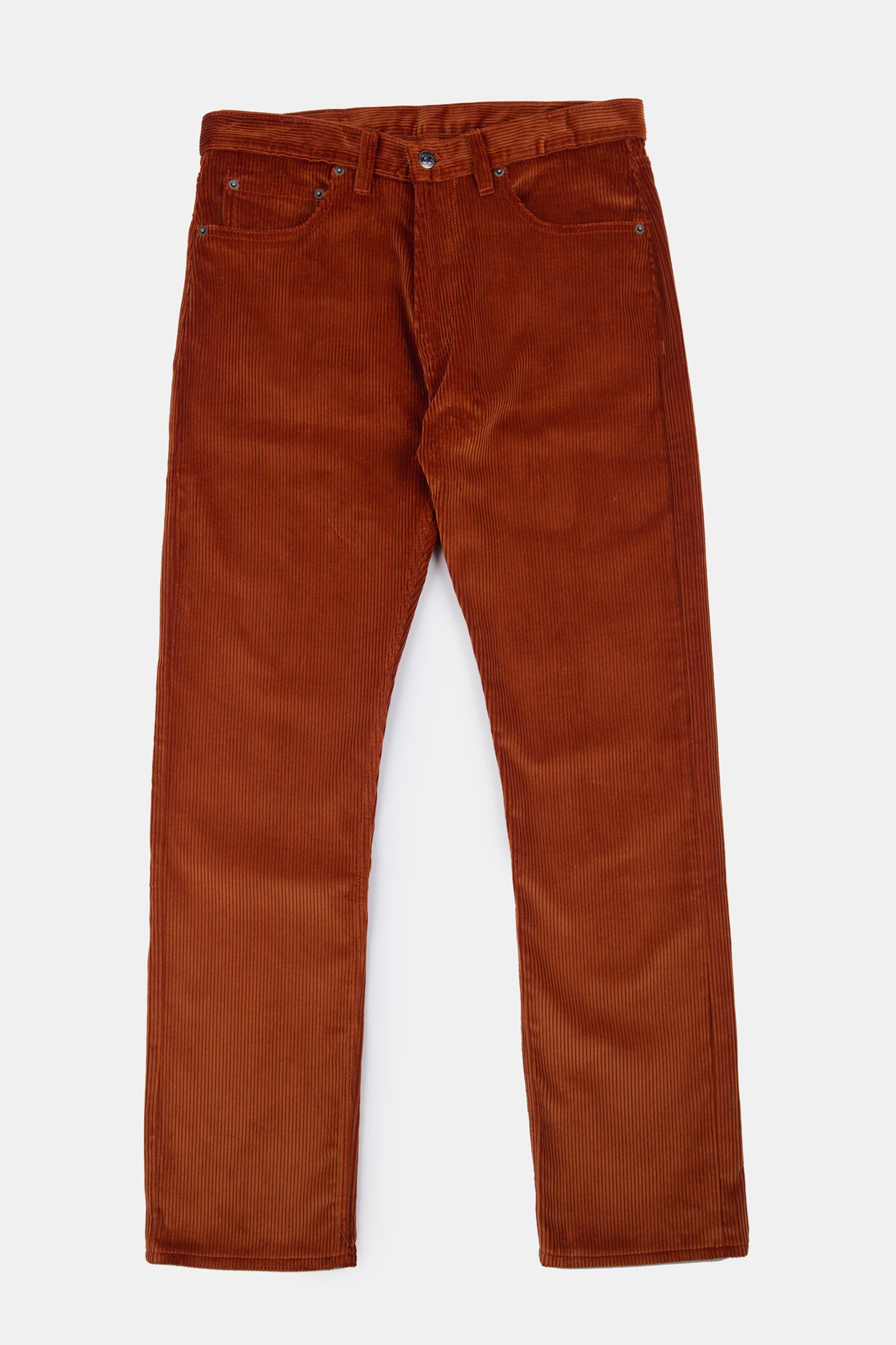 Flatlay of men's five pocket cord trousers in cinnamon