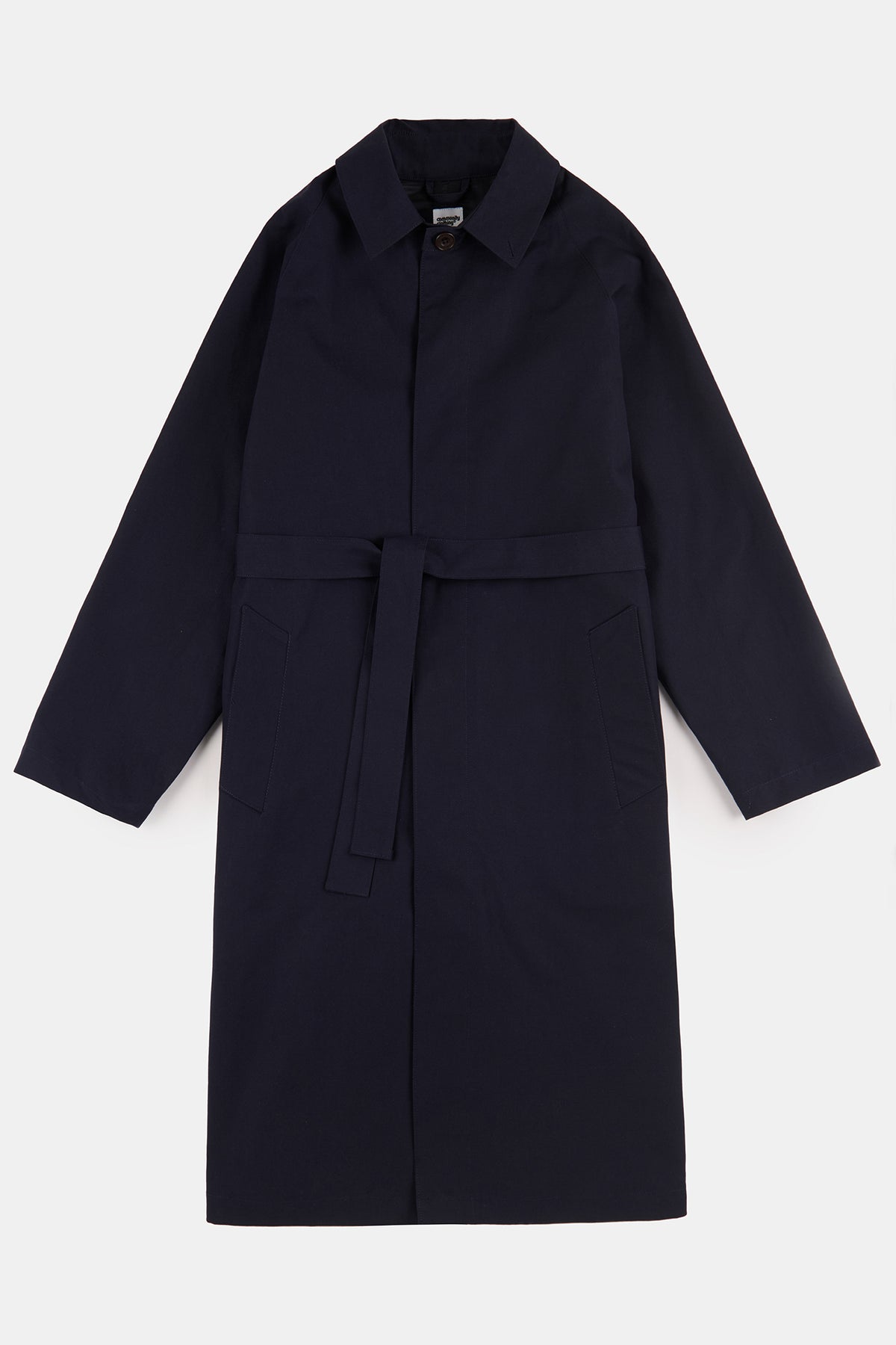 Flatlay product shot of men's Belted Raglan Raincoat in navy