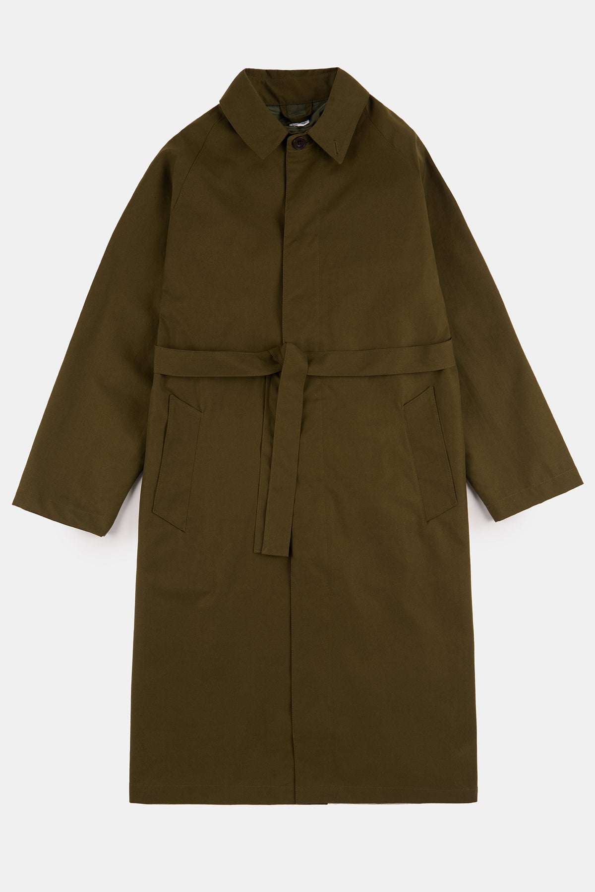 Flatlay product shot of men's Frank belted raglan raincoat in olive