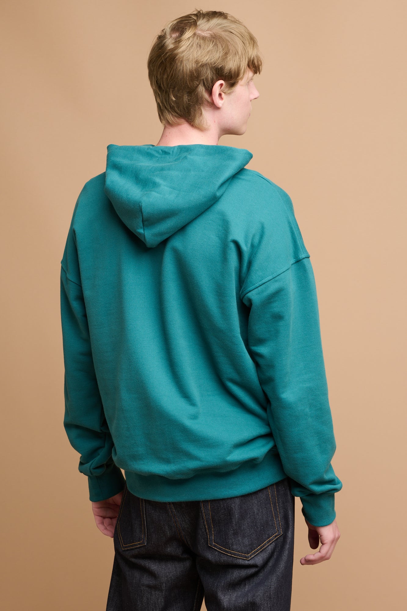Thigh up image of the back of male wearing hooded sweatshirt in teal