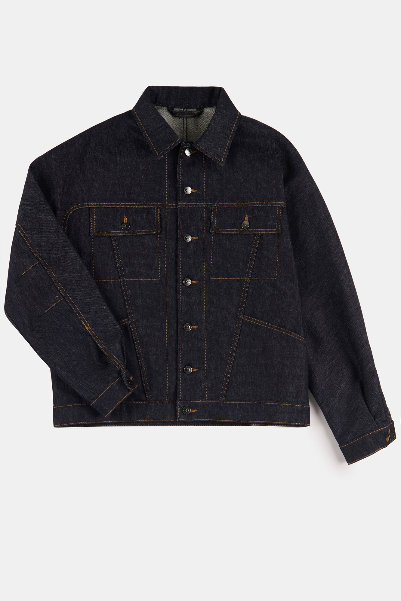 Flatlay product shot of men's Joe denim jacket in indigo denim 