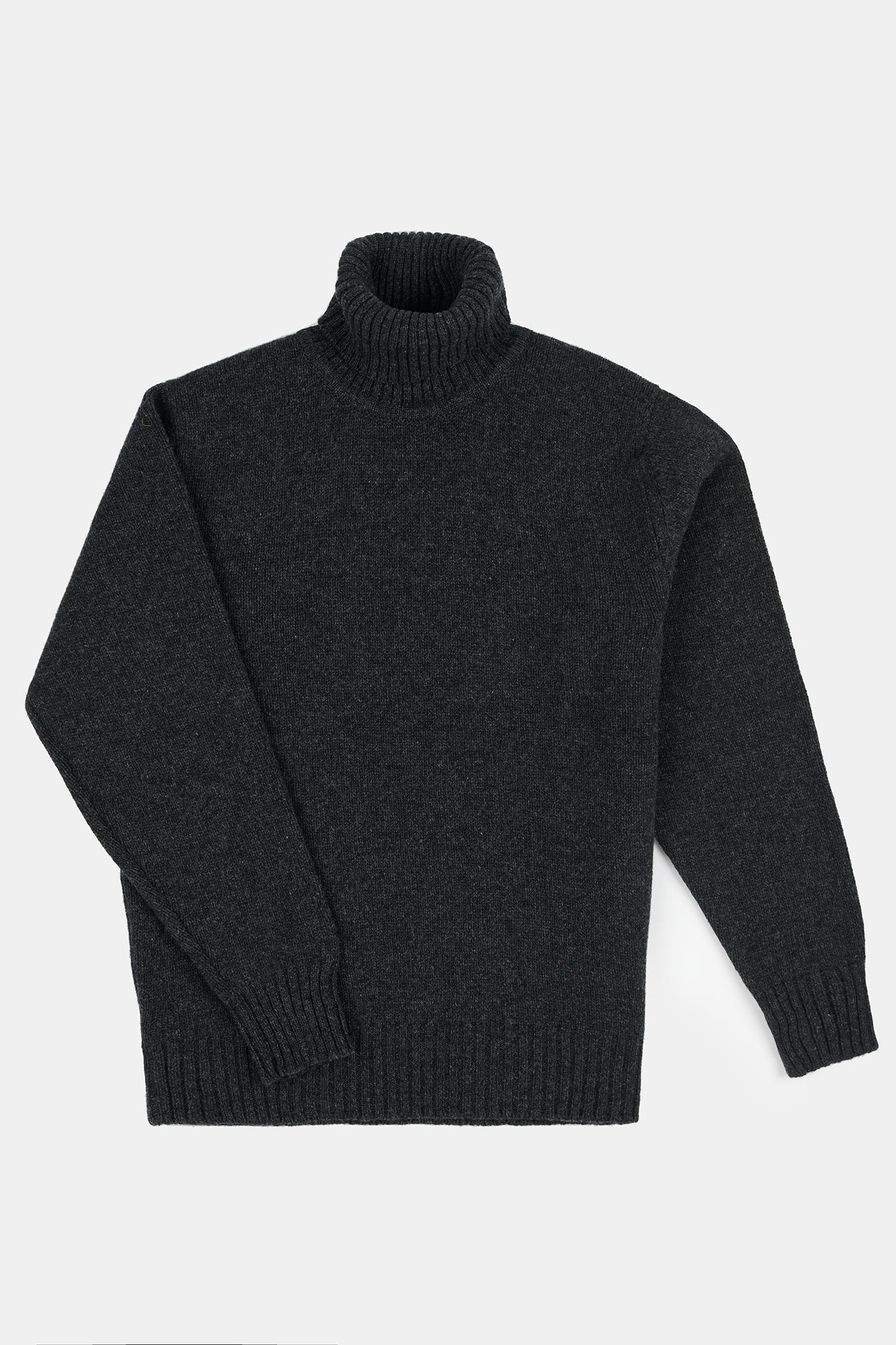 Flatlay product image of men's lambswool roll neck in charcoal