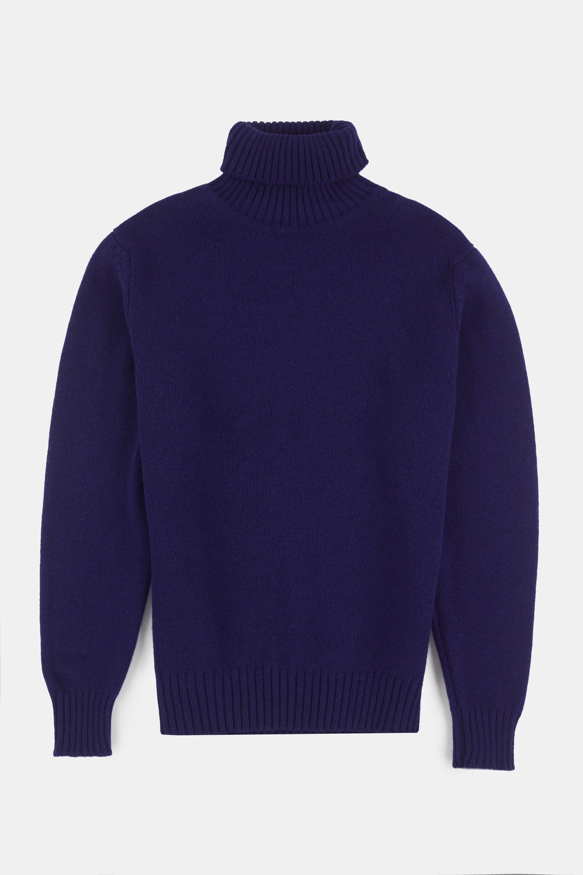 Flatlay of lambswool roll neck in dark cobalt