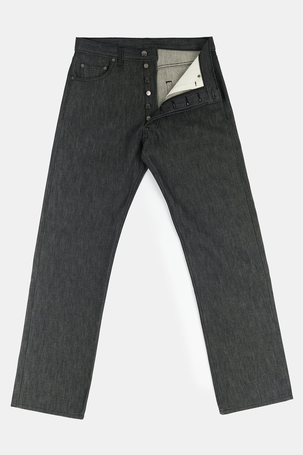 Flatlay product image of men's loose fit button fly Arun jeans in black