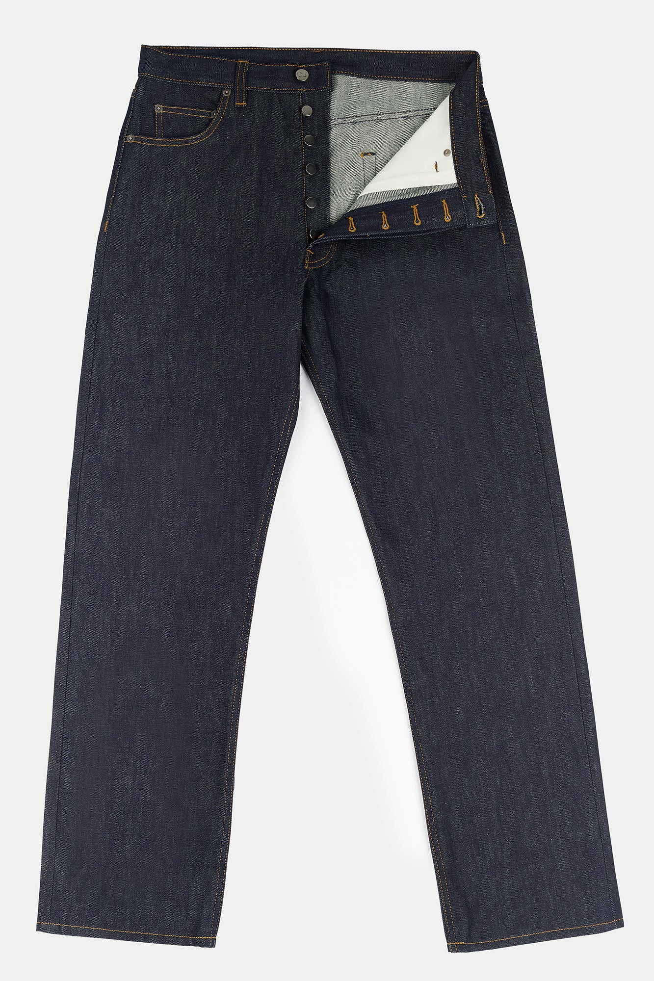 Flatlay product image of men's loose fit button fly Arun jean in indigo 