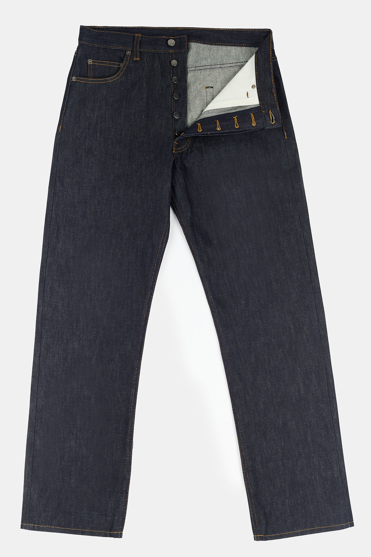 Flatlay product image of men's loose fit button fly Arun jean in indigo