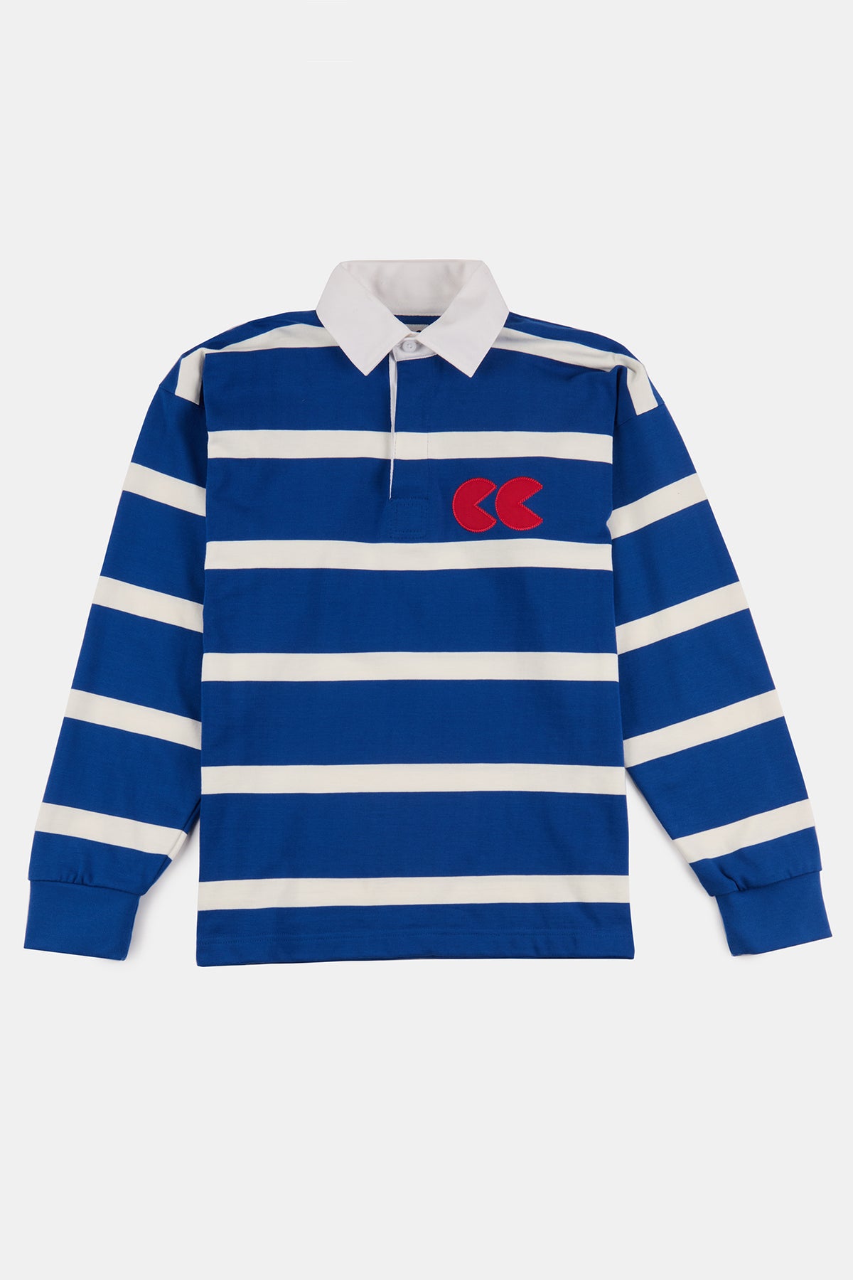 Flatlay product shot of men's stripe rugby shirt in blue and white with red CC logo