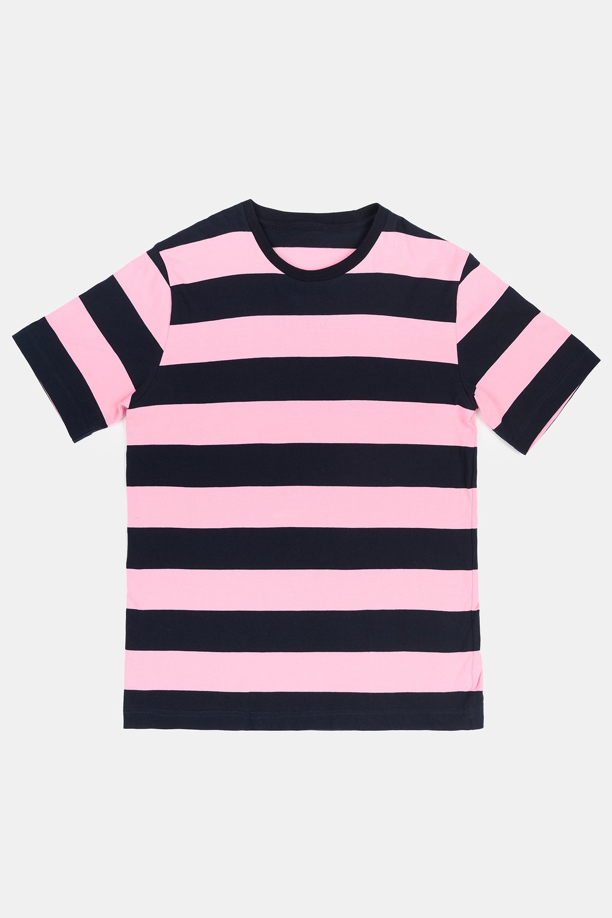 Flatlay product image of men's wide stripe short sleeve t shirt in pink and navy