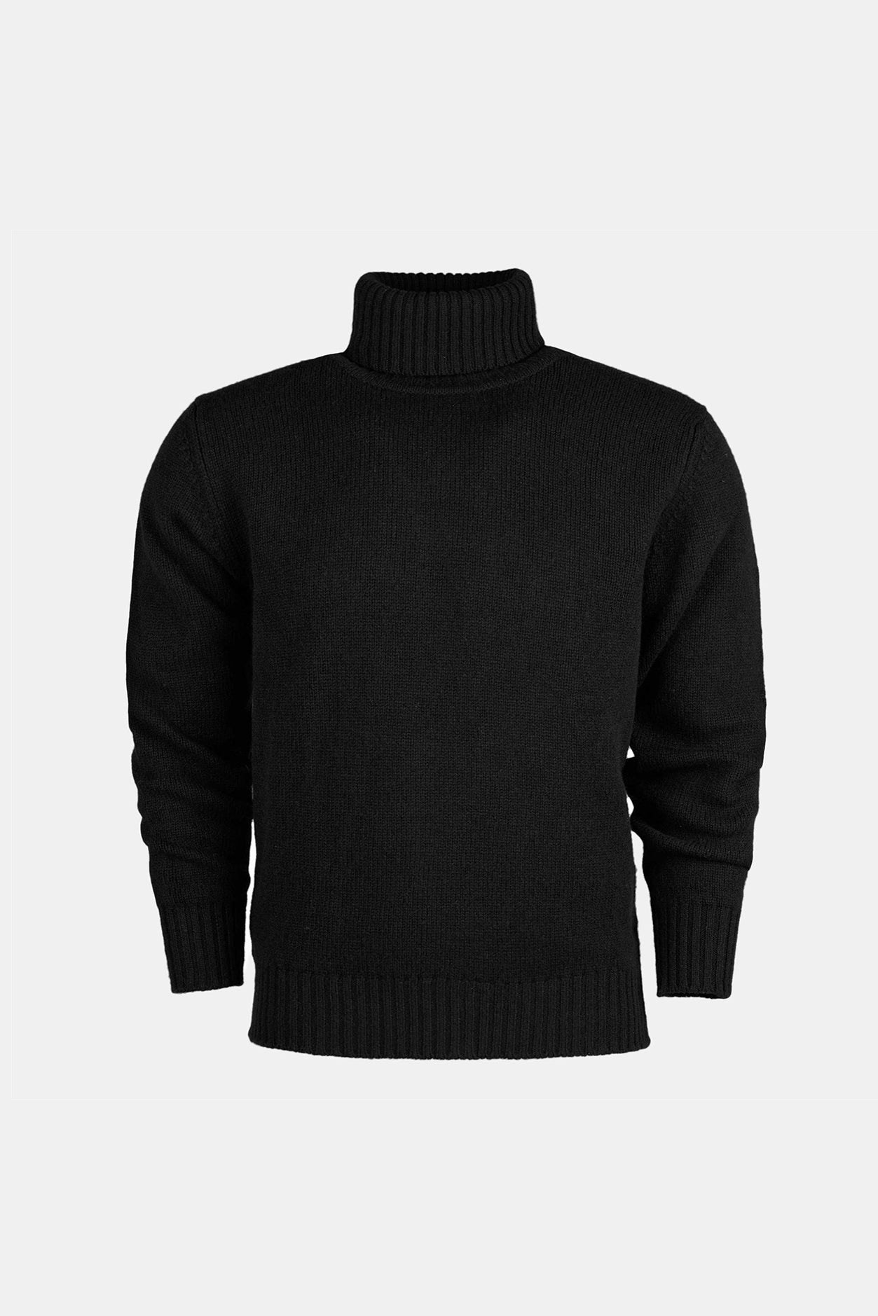 Men's lambswool roll neck in black on ghost mannequin
