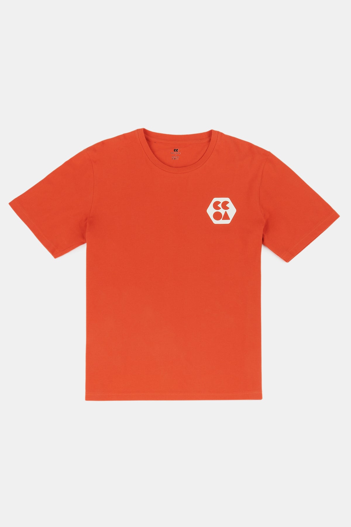 Flatlay product shot men's breathable t shirt plastic free in flame red with white CCOA logo
