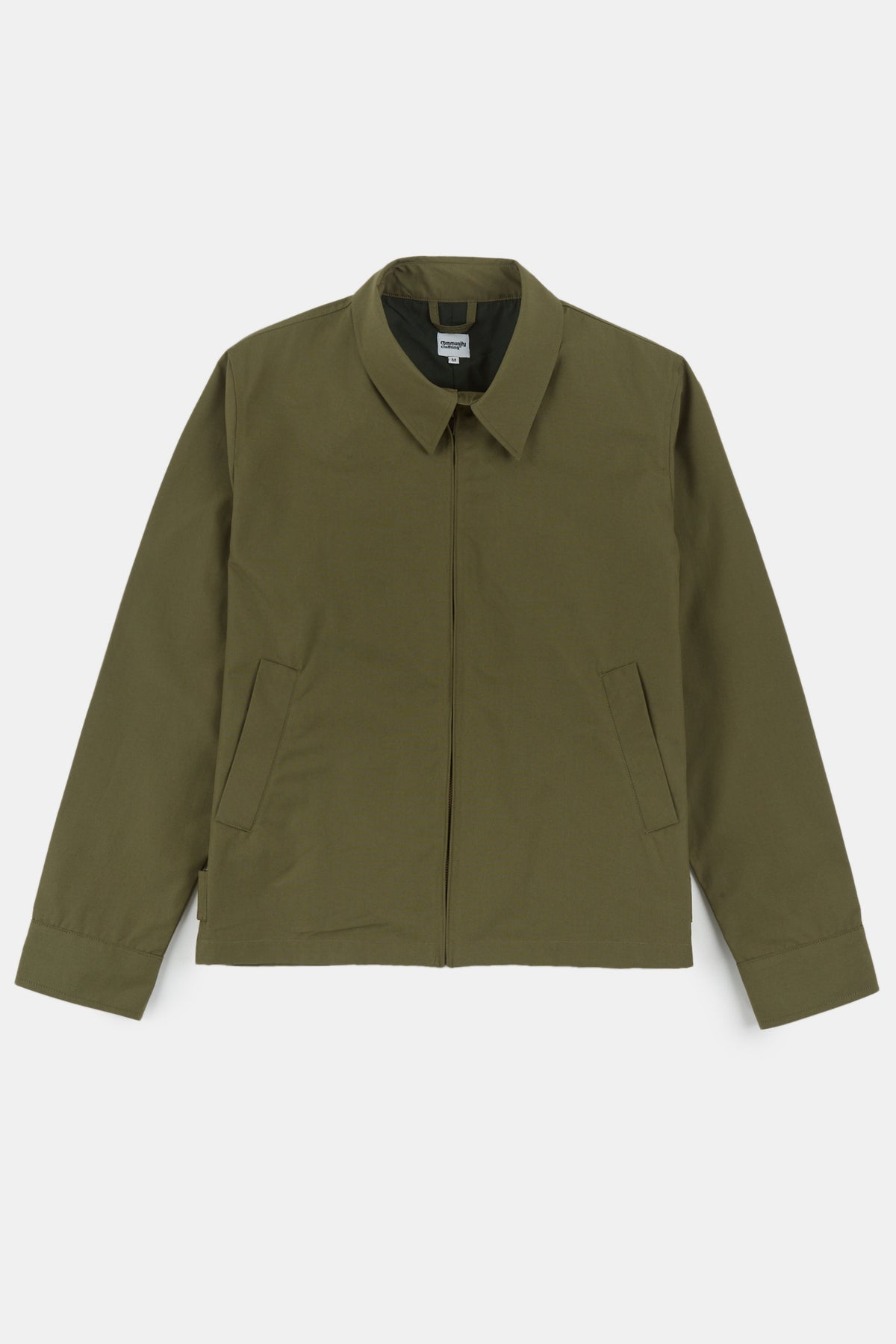 Flatlay image of men's collared Harrington jacket in olive 
