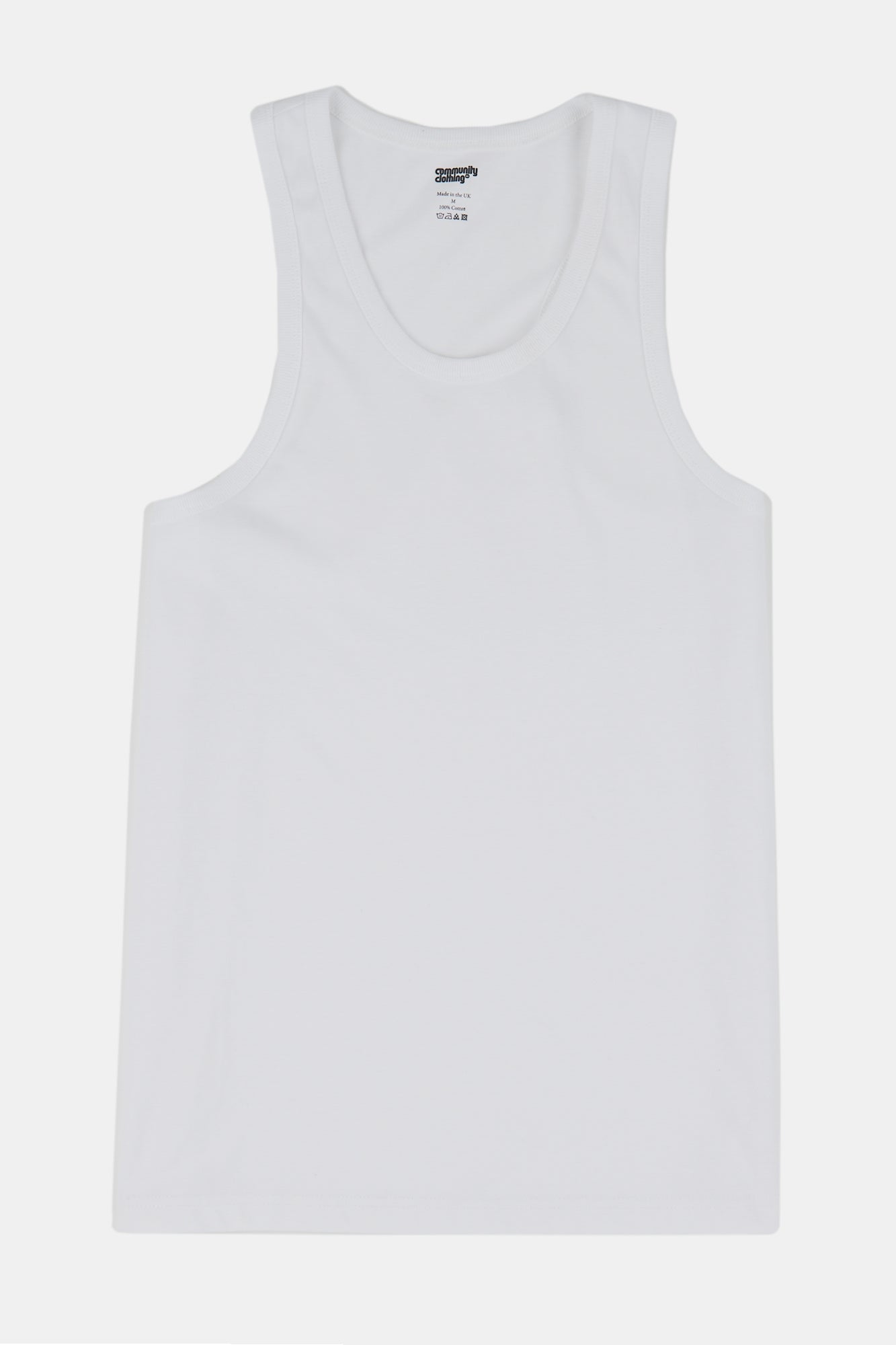 Flatlay product shot of men's racer back vest plastic free in white