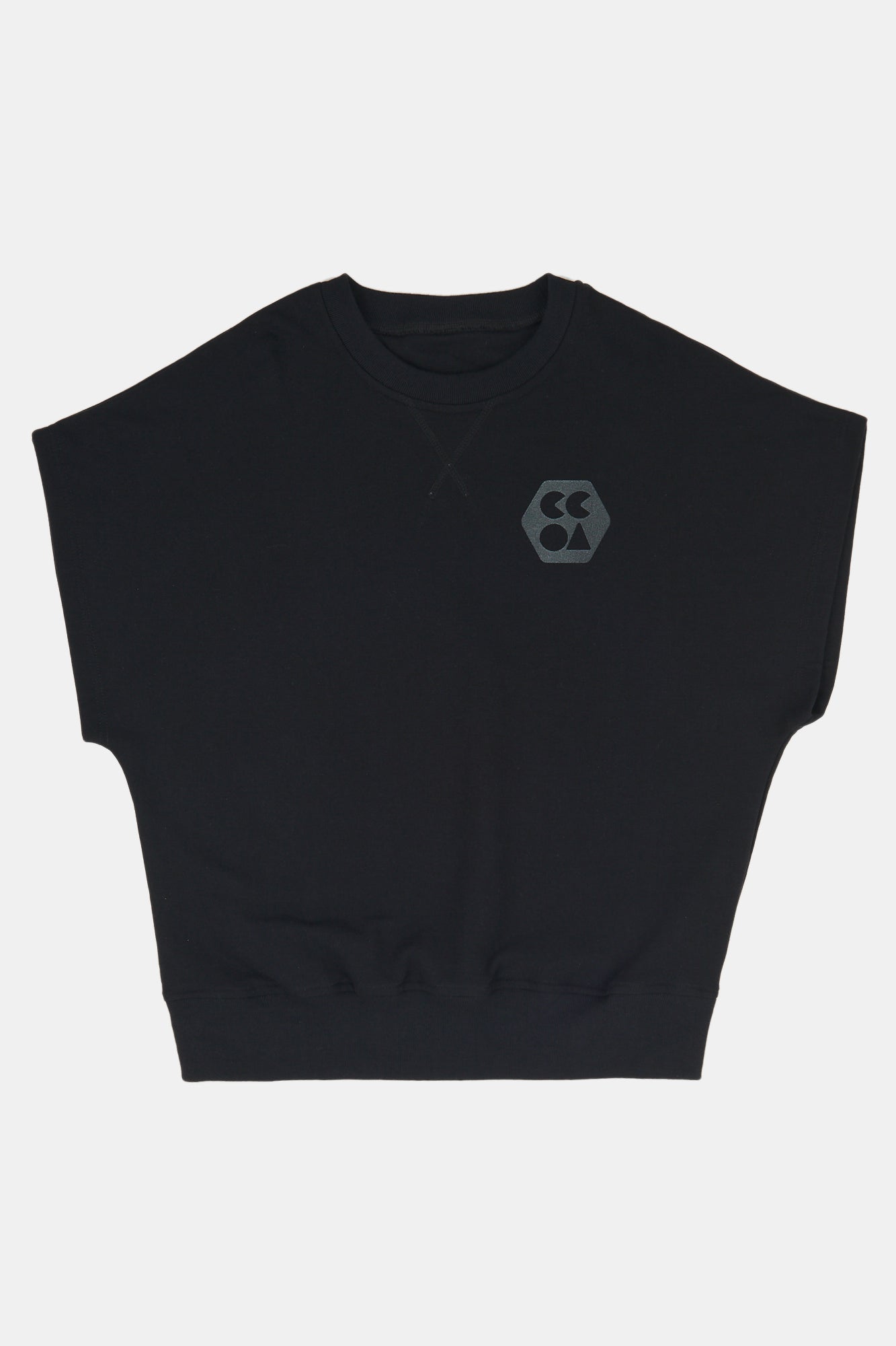 Flatlay product shot of men's sleeveless sweatshirt plastic free in black with charcoal CCOA logo