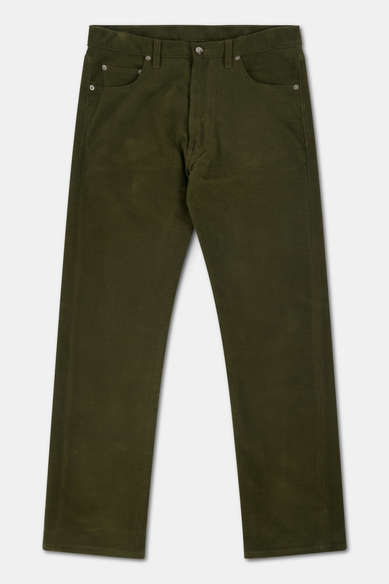 Green moleskin jeans on a white background
