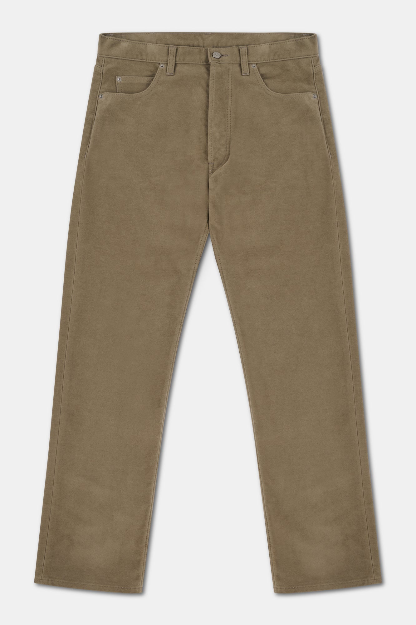 Olive moleskin jeans on white background.