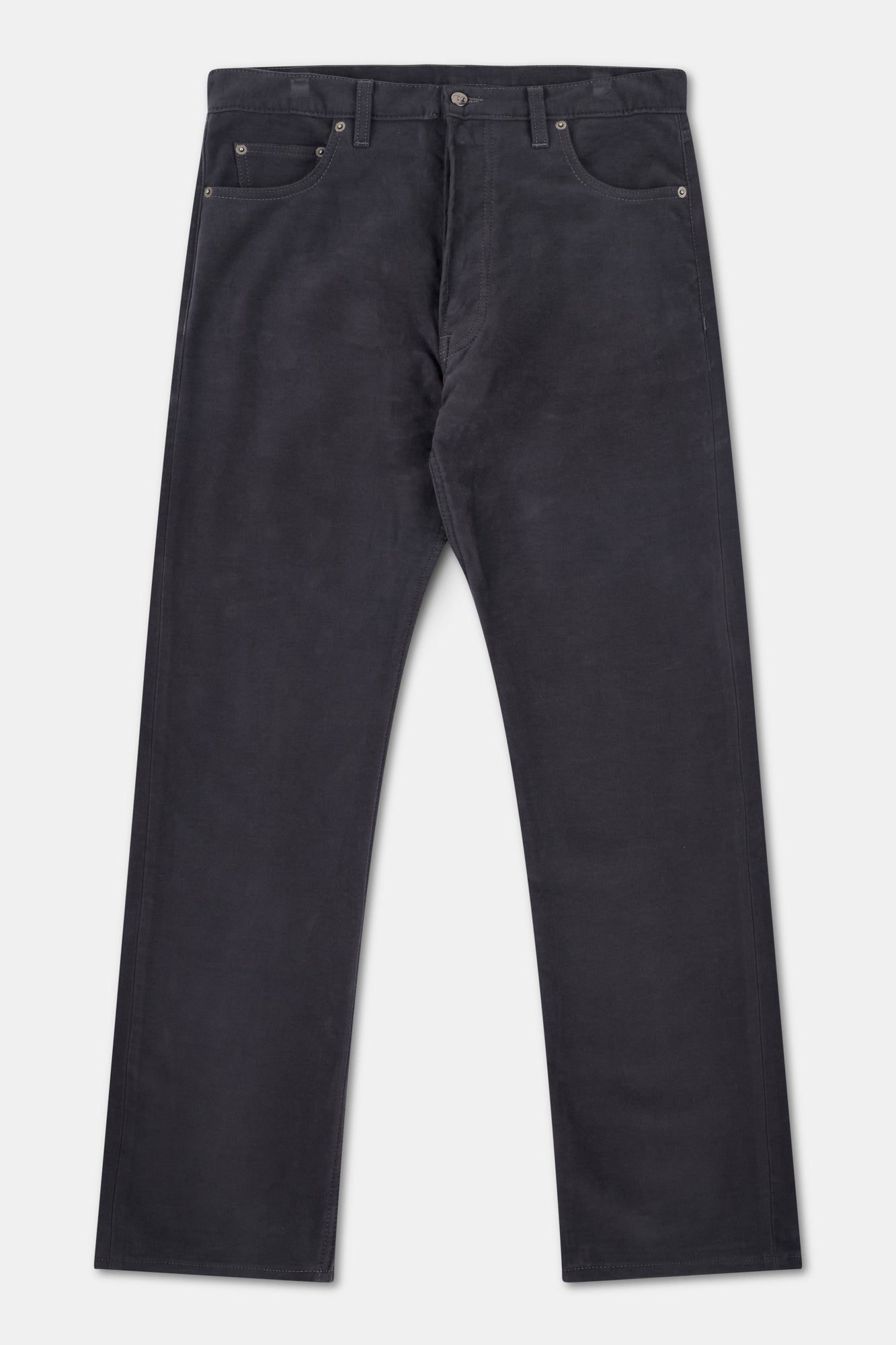 Slate grey moleskin jeans on a white background