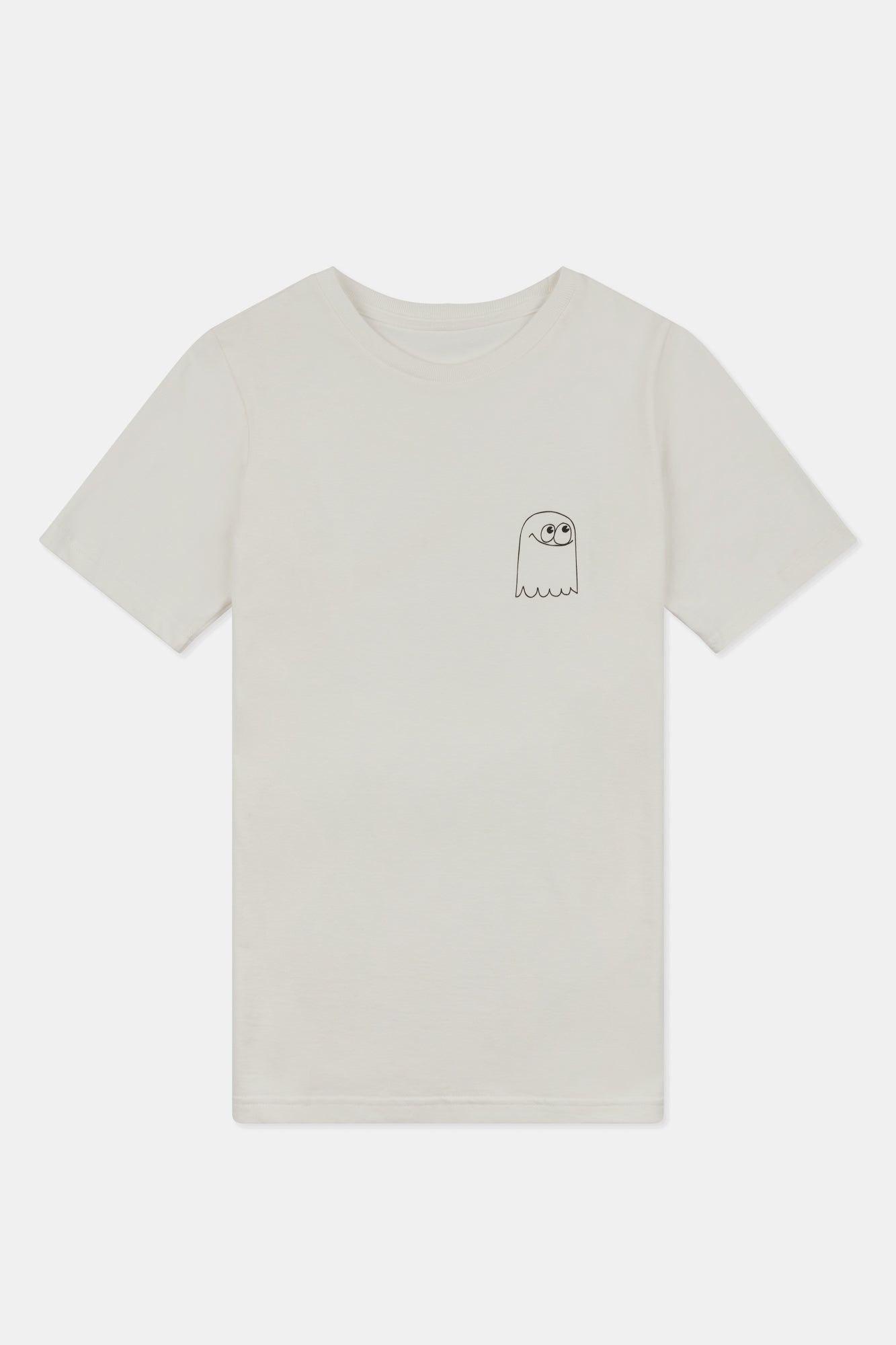 White t-shirt with a small graphic on a white background