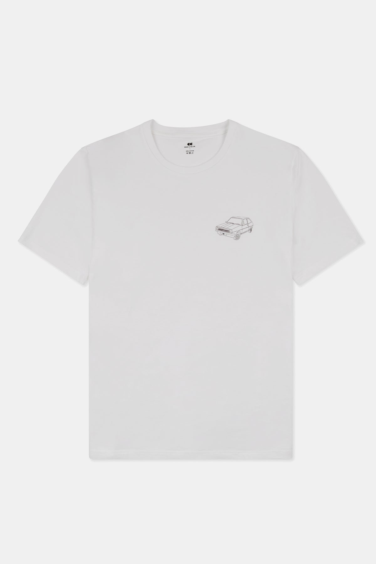 White t shirt with small black car outline print on white background. 