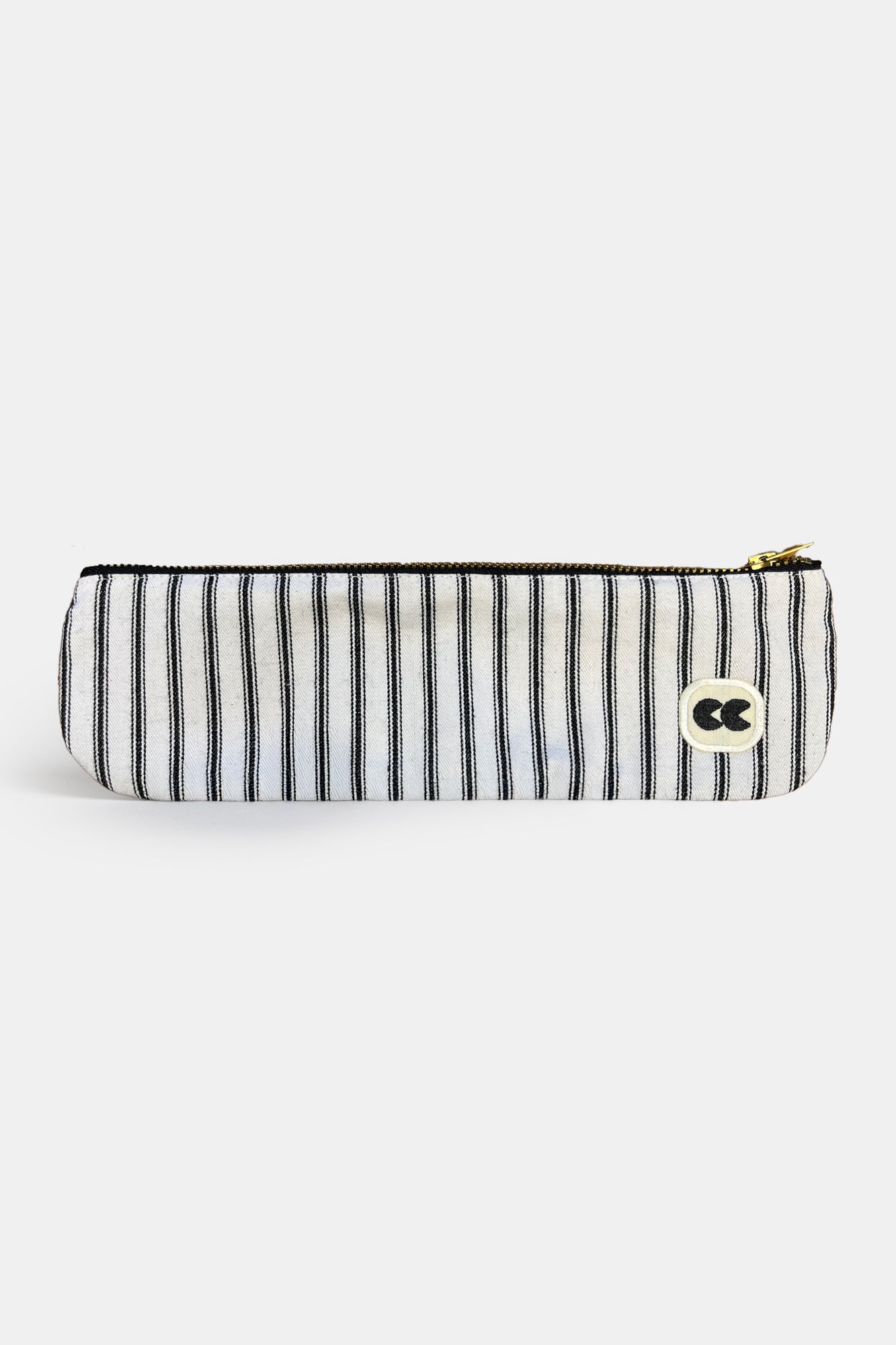 Striped pencil case with a logo on a white background