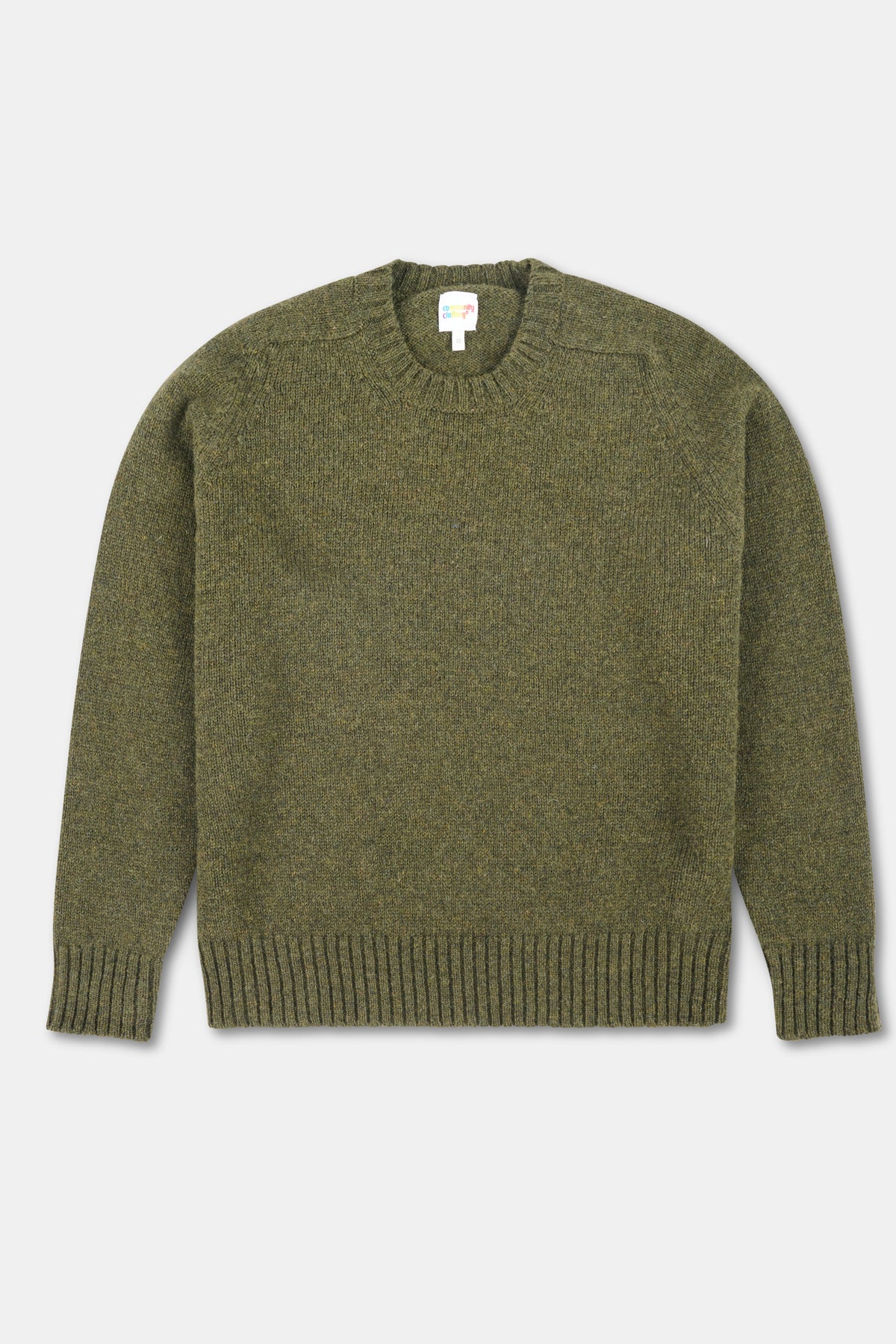 Olive green jumper against white background