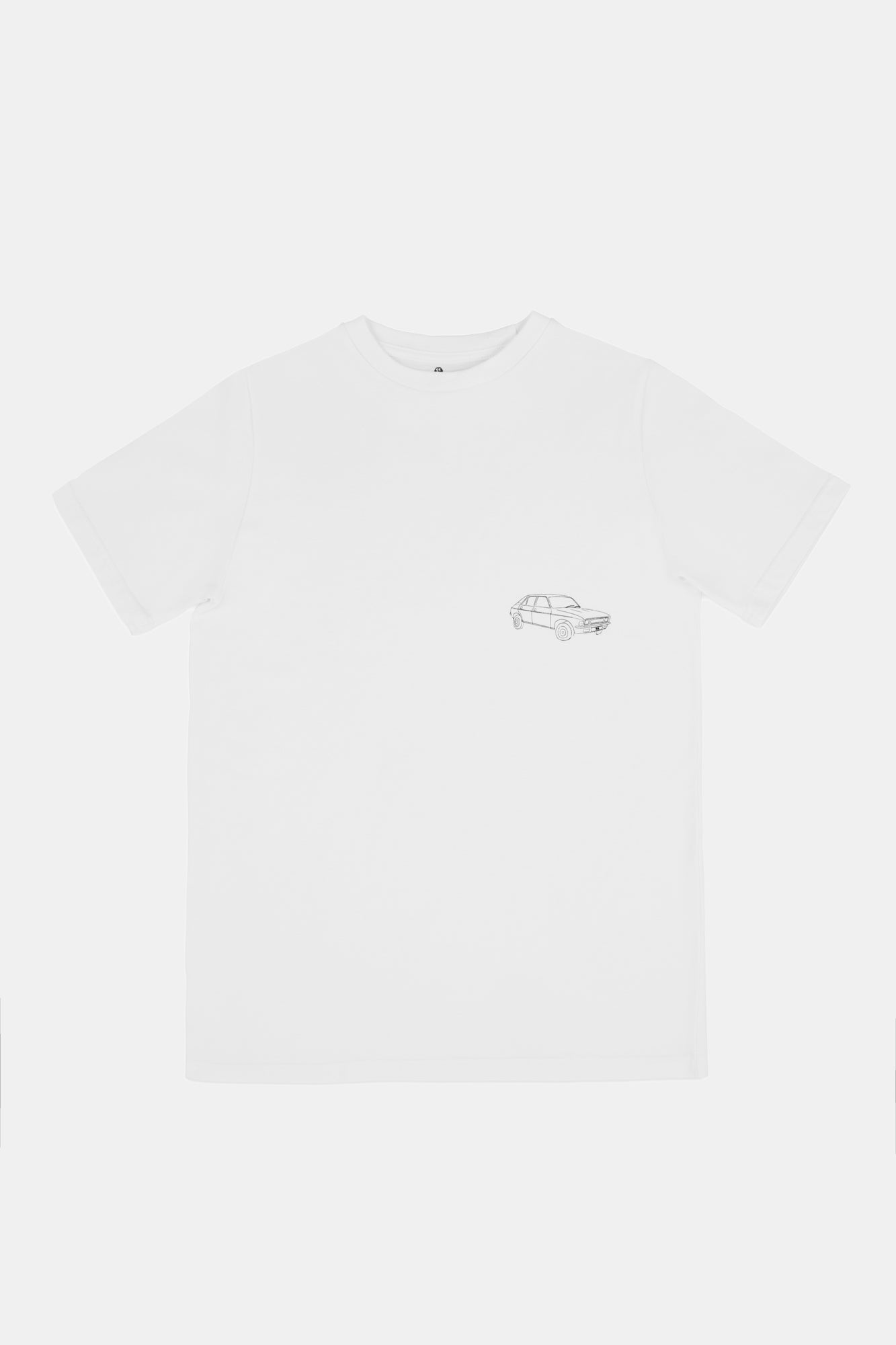 White t-shirt with a small black car graphic print on a white background.